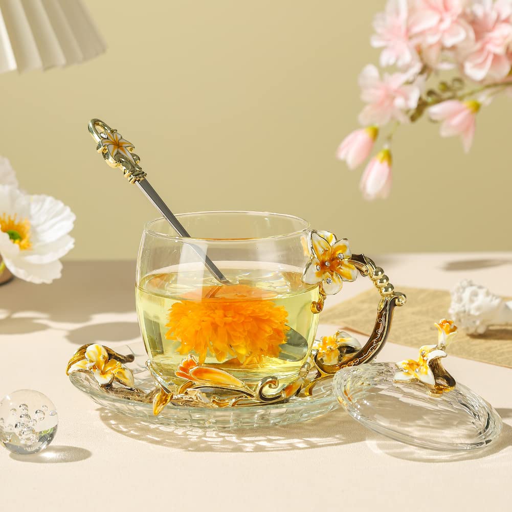 Lantree Fancy Tea Cups With Lid Mother'S Day Cup Gift Lily Glass Coffee Mug With Spoon Birthday Gift For Tea Lover Novely Cup Ho