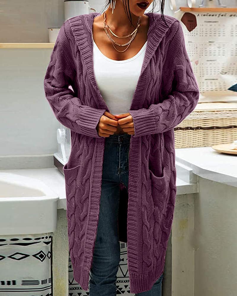 Women Hooded Open Front Cardigan Cable Knit Sweaters Solid Color Chunky Long Sweater Coats Purple