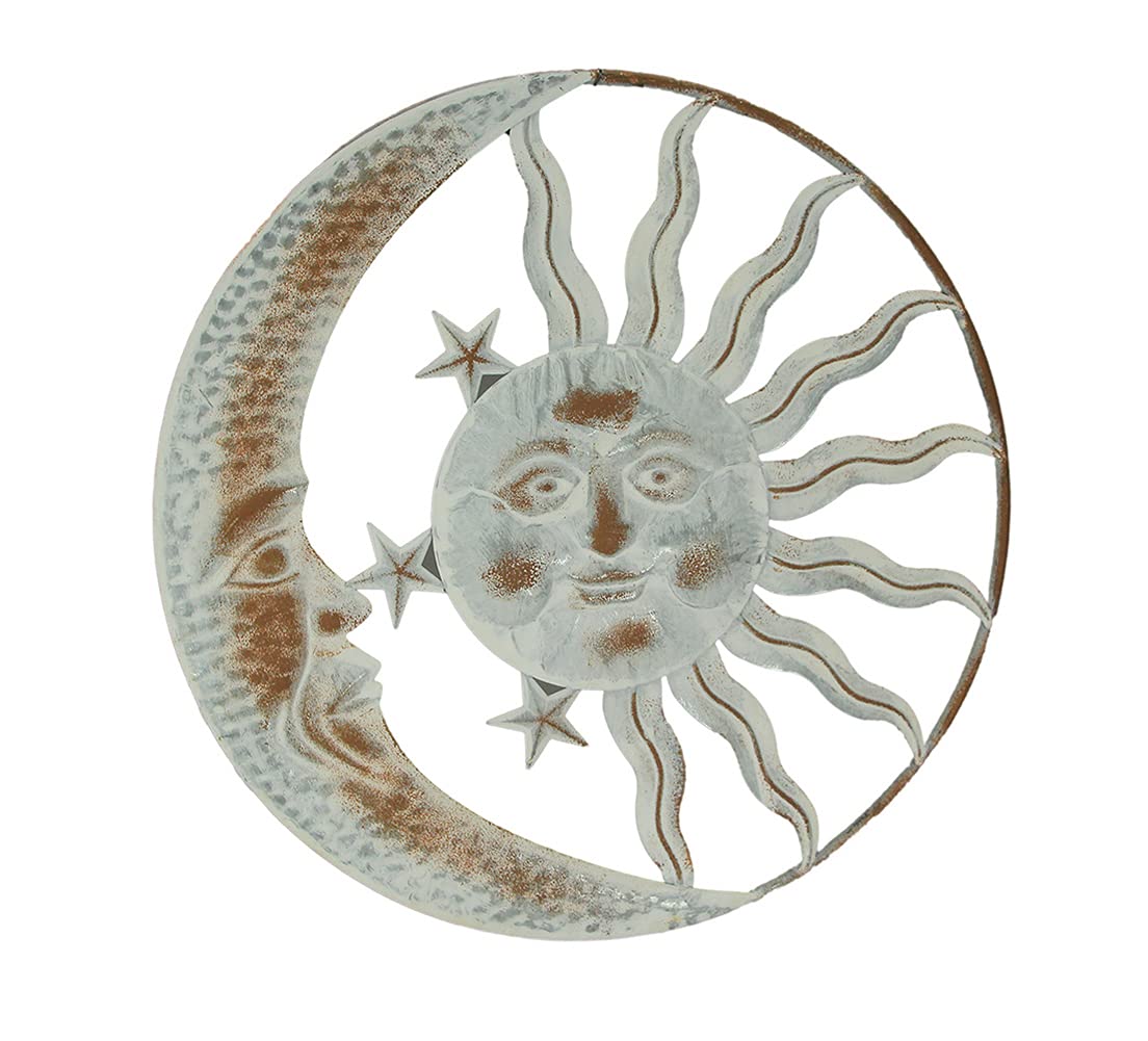 Radiant Celestial Harmony - Distressed White Finish Sun, Moon, and Stars Metal Wall Hanging - Rustic D  cor Accent - 20 Inches i