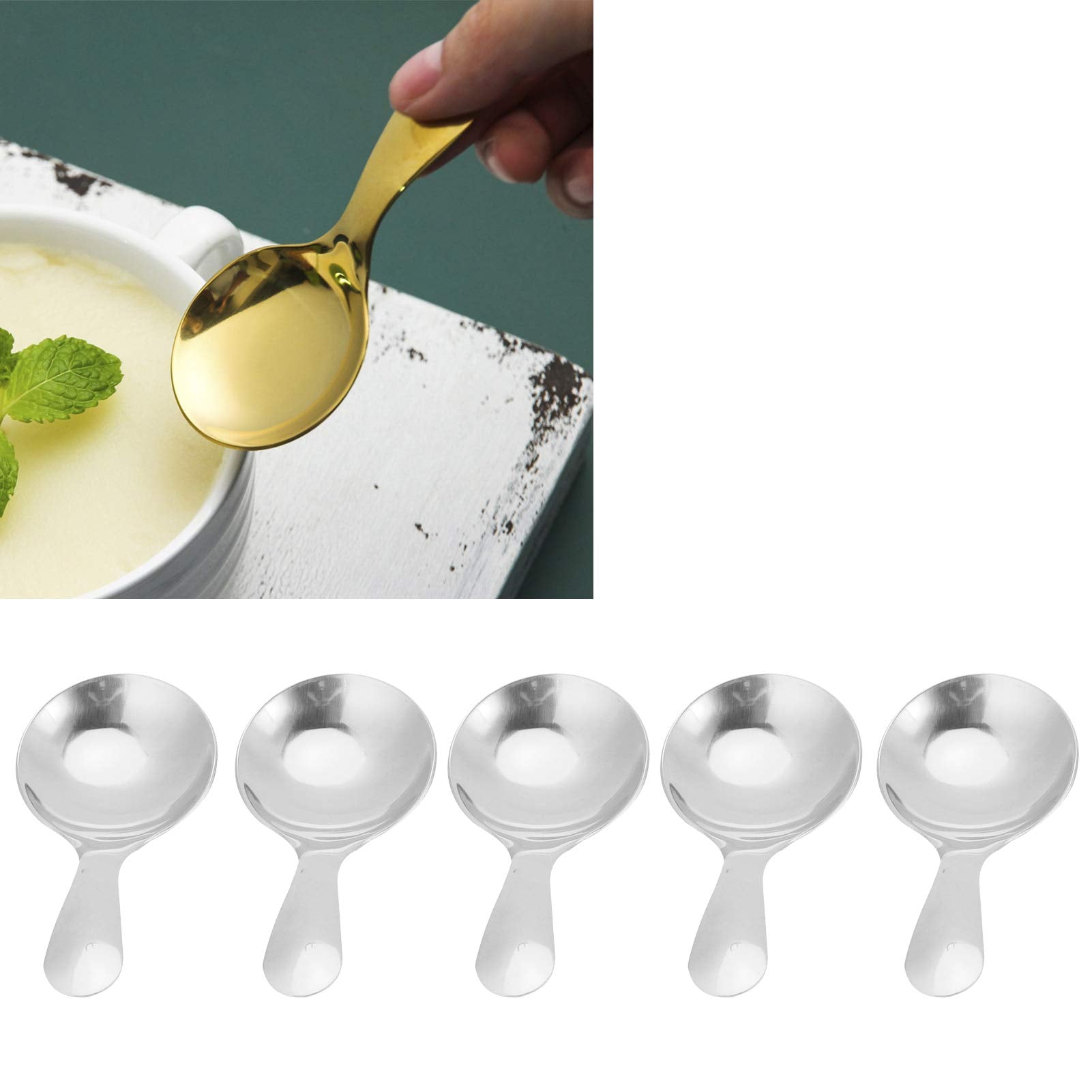 5Pcs Dessert Spoons 304 Stainless Steel Ice Cream Scoop Tea Spoon Soup Spoon Eating Short Spoon Kitchen Utensils (Silver)