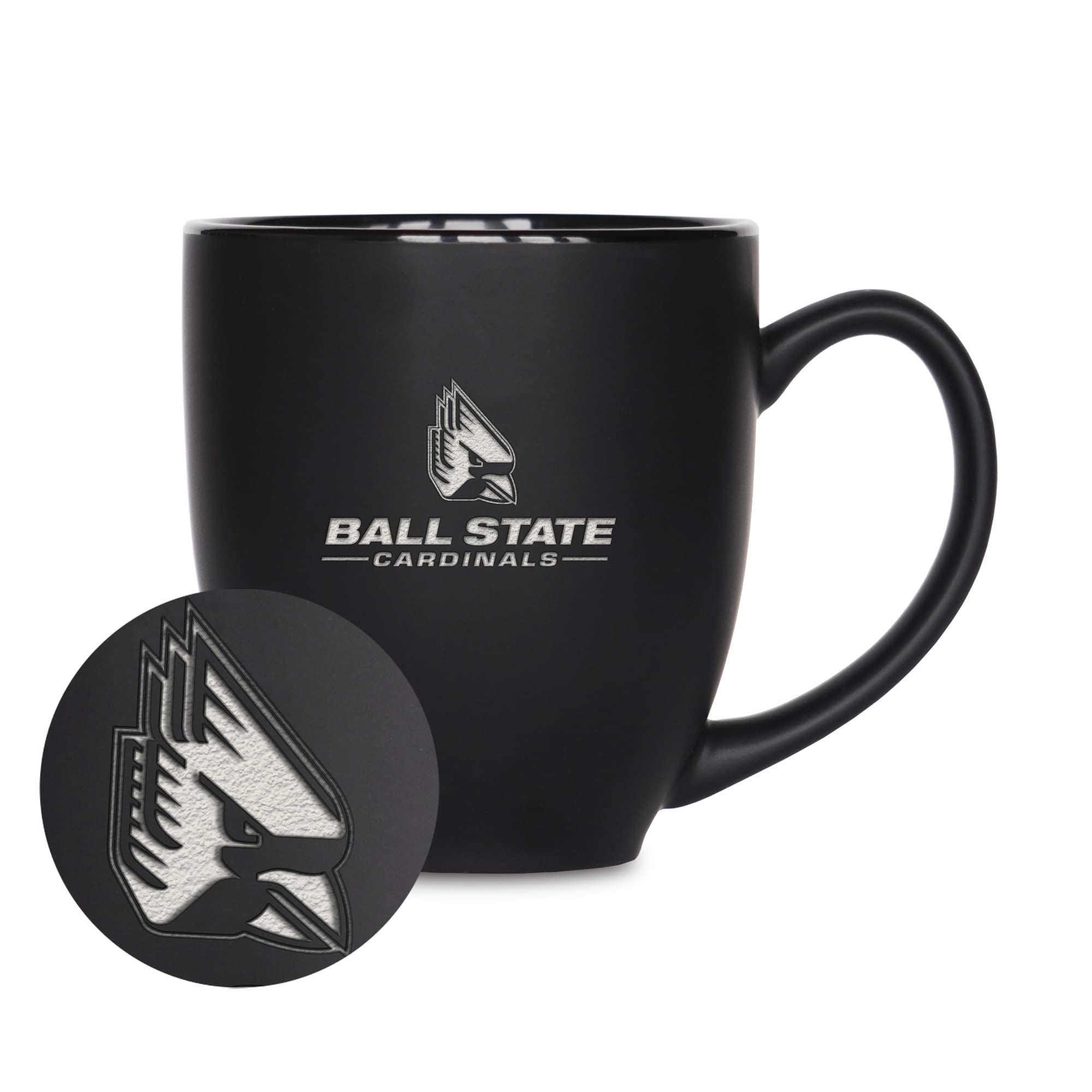 Rico Industries NCAA Ball State Cardinals Main 15oz Laser Engraved Matte Black Ceramic Bistro Mug - For Hot or Cold Drinks