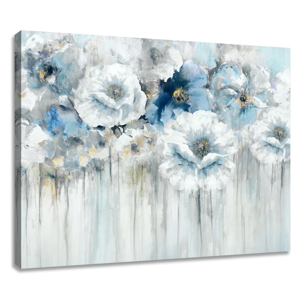 Woxfcart Bathroom Wall Art Abstract Flowers - White Floral Painting Artwork On Canvas With Gold Pictures For Blue Gray Bedroom D