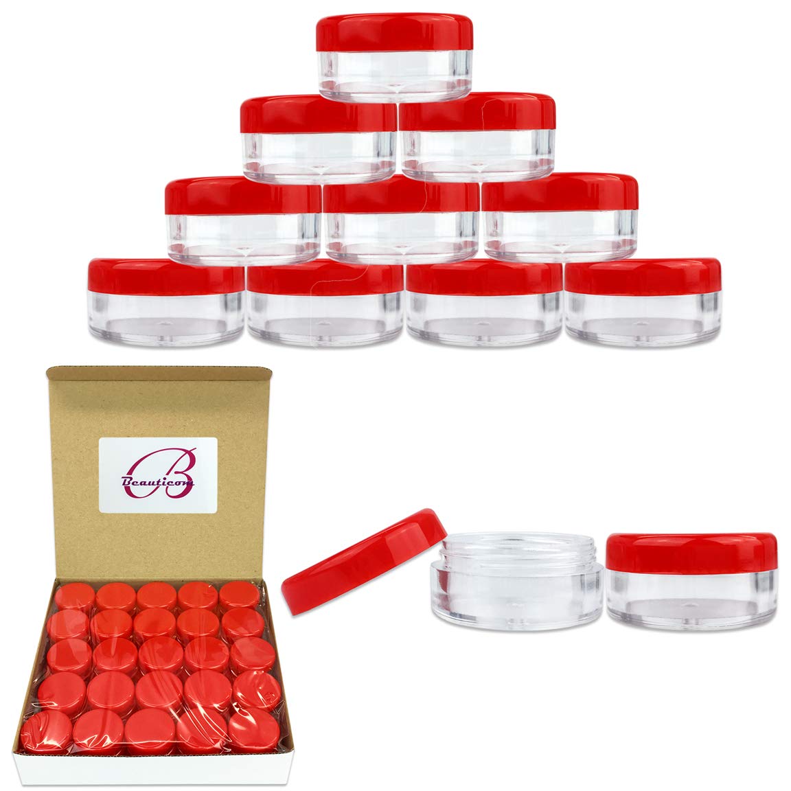Beauticom (Quantity: 50 Pieces) 5G/5Ml Round Clear Jars With Red Lids For Scrubs, Oils, Toner, Salves, Creams, Lotions, Makeup S