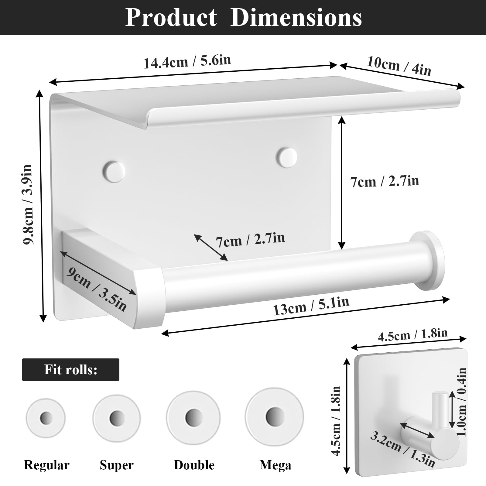 Tindbea Toilet Paper Holder with Phone Shelf + Towel Robe Hooks  Adhesive or Screw Wall Mounted Toilet Paper Roll Storage Dispenser  Stainless Steel Bathroom Tissue Roll Holder (White)