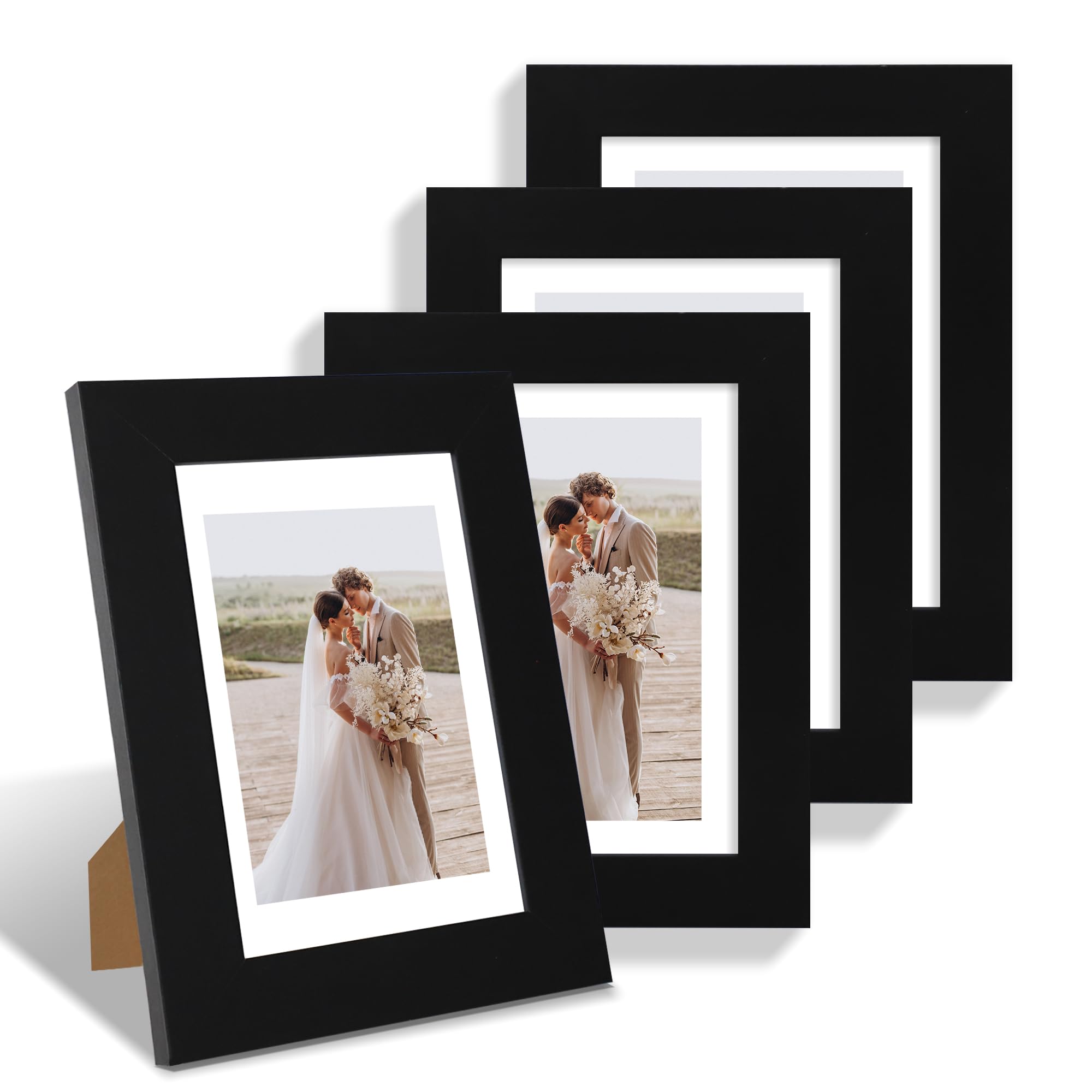 Hongkee 5x7 Picture Frame Set of 4, Made of Real Glass and Black Wooden Frame, 5 by 7 Photo for Wall or Tabletop - Display Pictu
