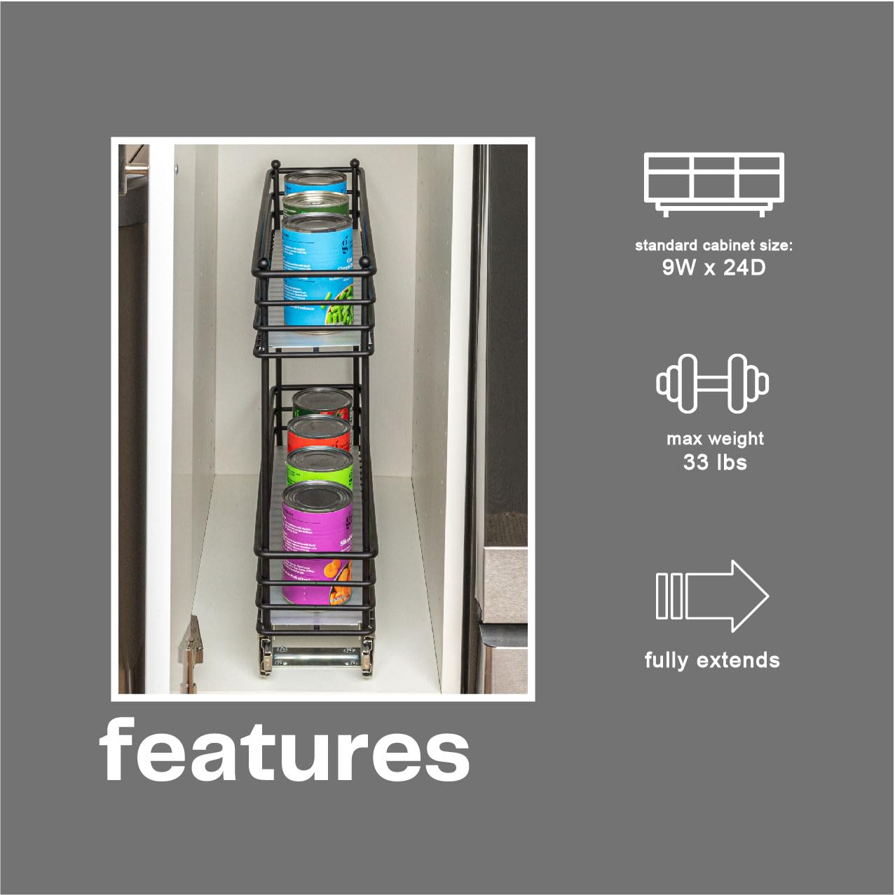 Household Essentials Narrow Sliding Cabinet Organizer, Two Tier Organizer, Matte Black, Great For Slim Cabinets In Kitchen, Bath