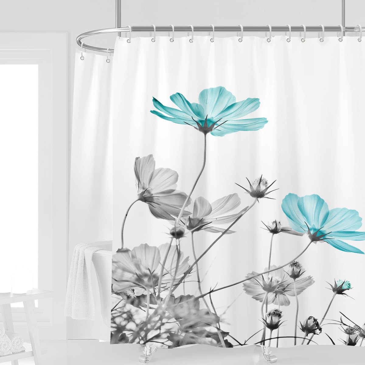 Kikiry Extra Wide Shower Curtain All Around Tub 180''W X 70''L Teal Gray Floral Daisy Flower Grey Cute Wildflower Botanical Bath