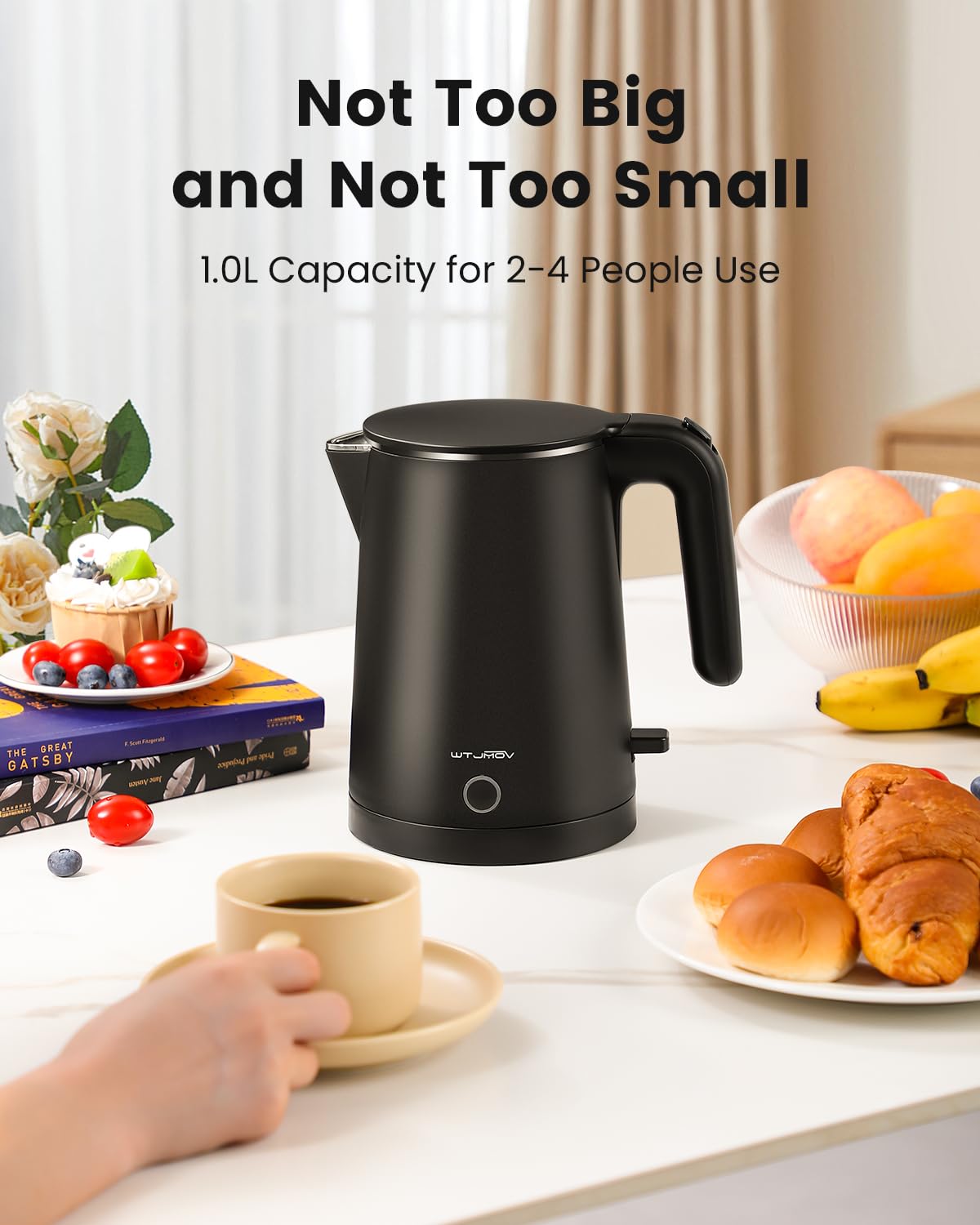 Wtjmov Electric Kettle Stainless Steel, 1.0L Small Water Boiler 1200W Fast Boiling, Double Wall Tea Kettle Pot Automatic Shut Of