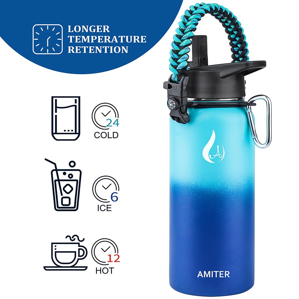 Amiter Insulated Bottle With Straw & Spout Lid, Wide Mouth Stainless Steel Water Bottles With Paracord Handle - 22Oz, 32Oz, 40Oz