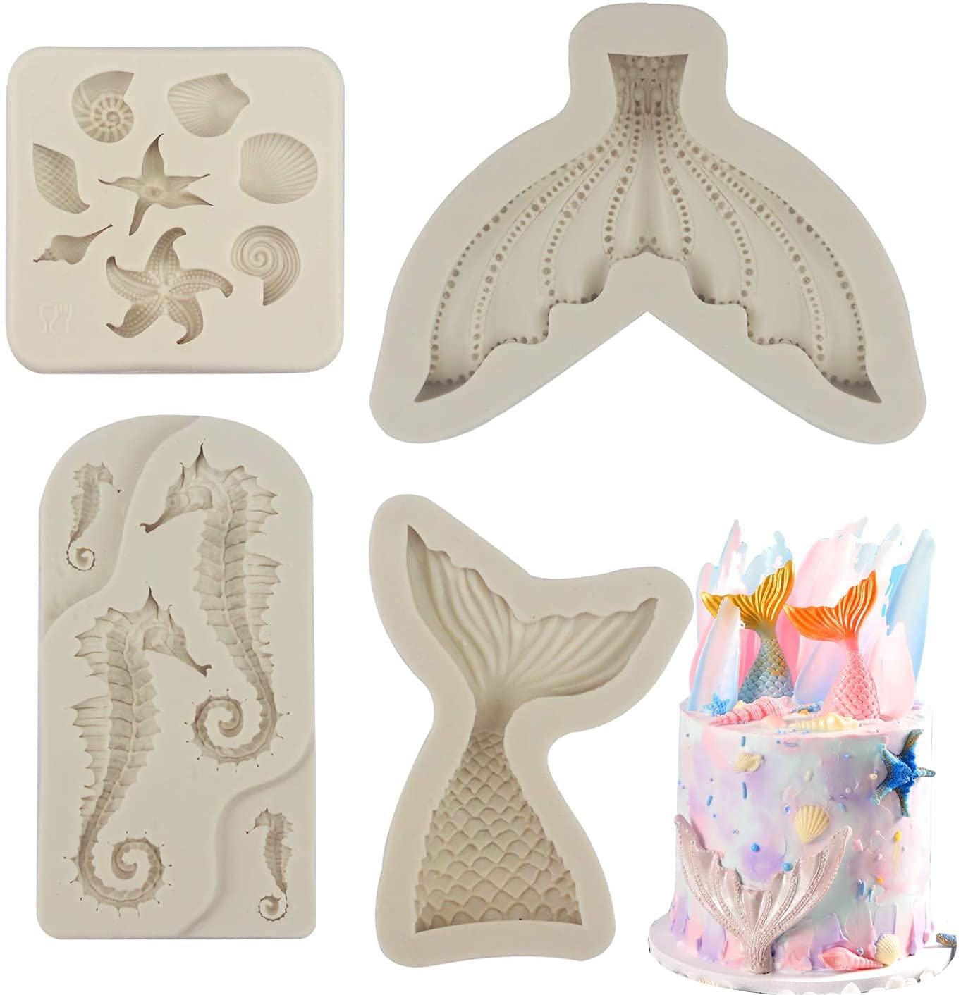 4 Pack Marine Theme Silicone Mold Fondant Molds Seahorse Seashell Starfish Mermaid Tail Silicone Mold Gum Paste Molds Candy Choc