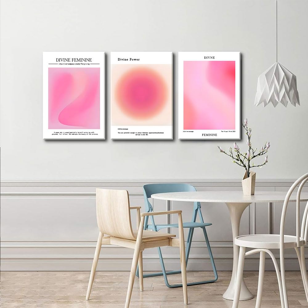 Trendy Aesthetic Canvas Wall Art Aesthetic Set Of 3 | Pink Gradient Aura Angel Posters Prints Room Decor | Pink Wall Art Decor F