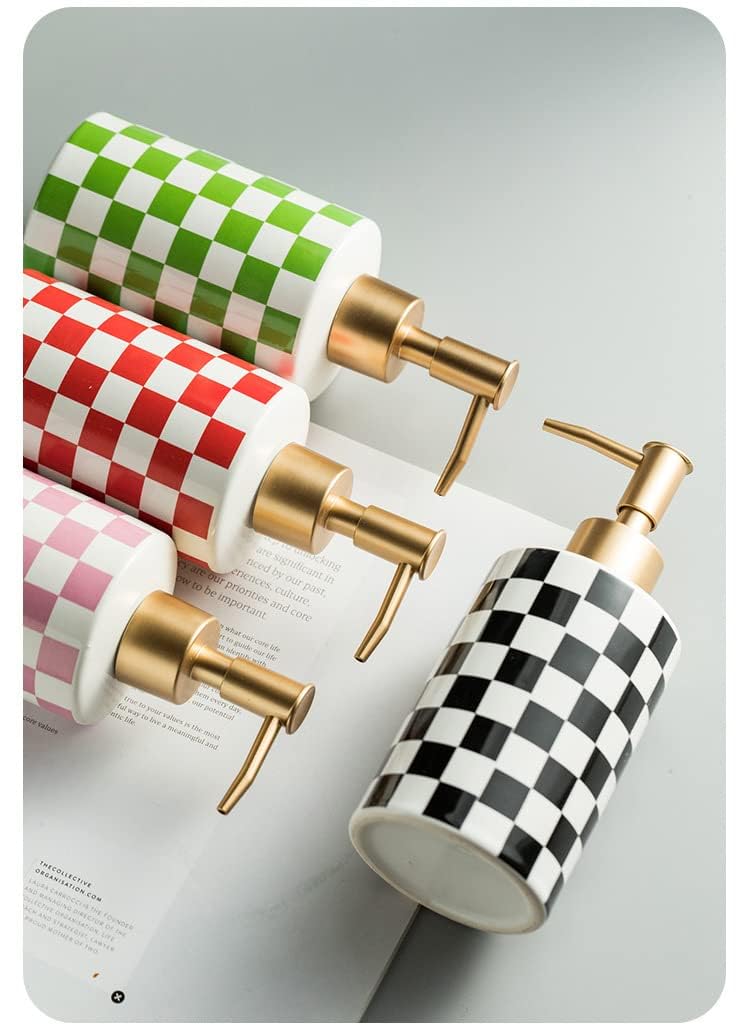 Checkered Ceramic Soap Dispenser With Rust Proof Gold Matte Pump Decorative Soap Dispenser For Bathroom Or Kitchen (Black & Whit