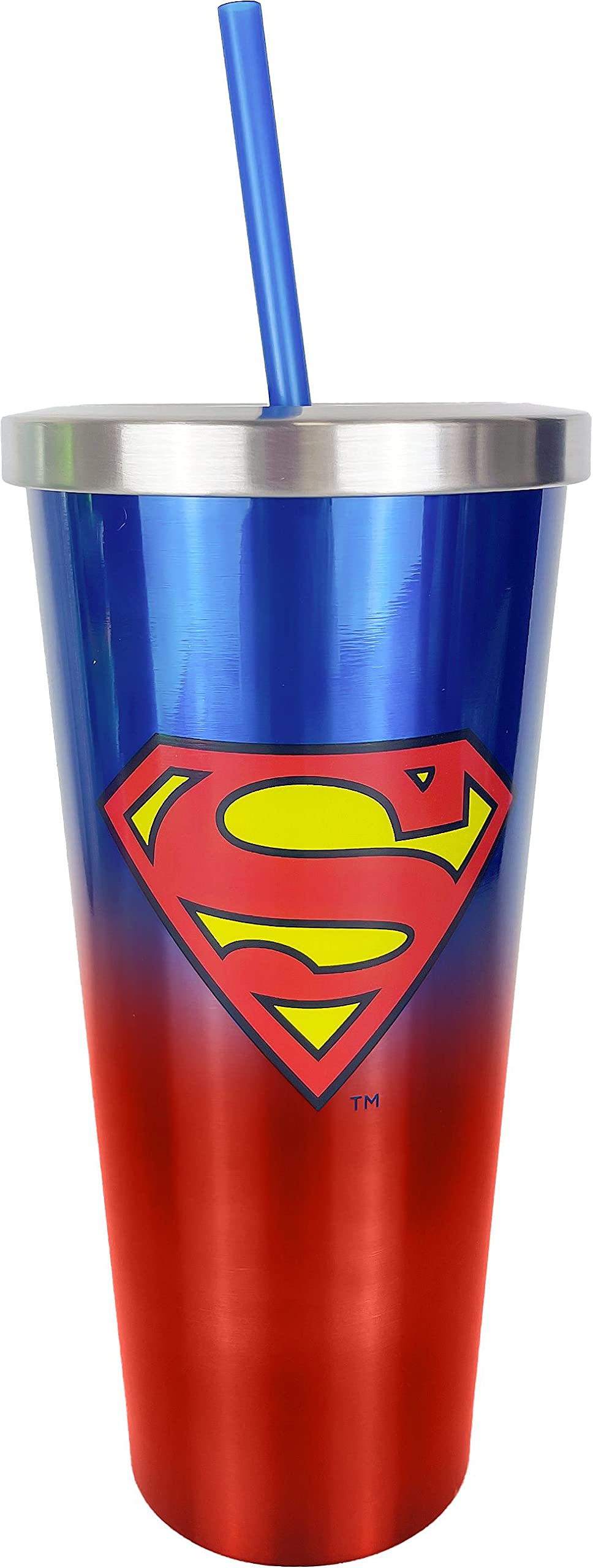 Spoontiques - Superman Stainless Steel Cup With Straw - Stainless Steel 24 Oz. Tumbler, Dc