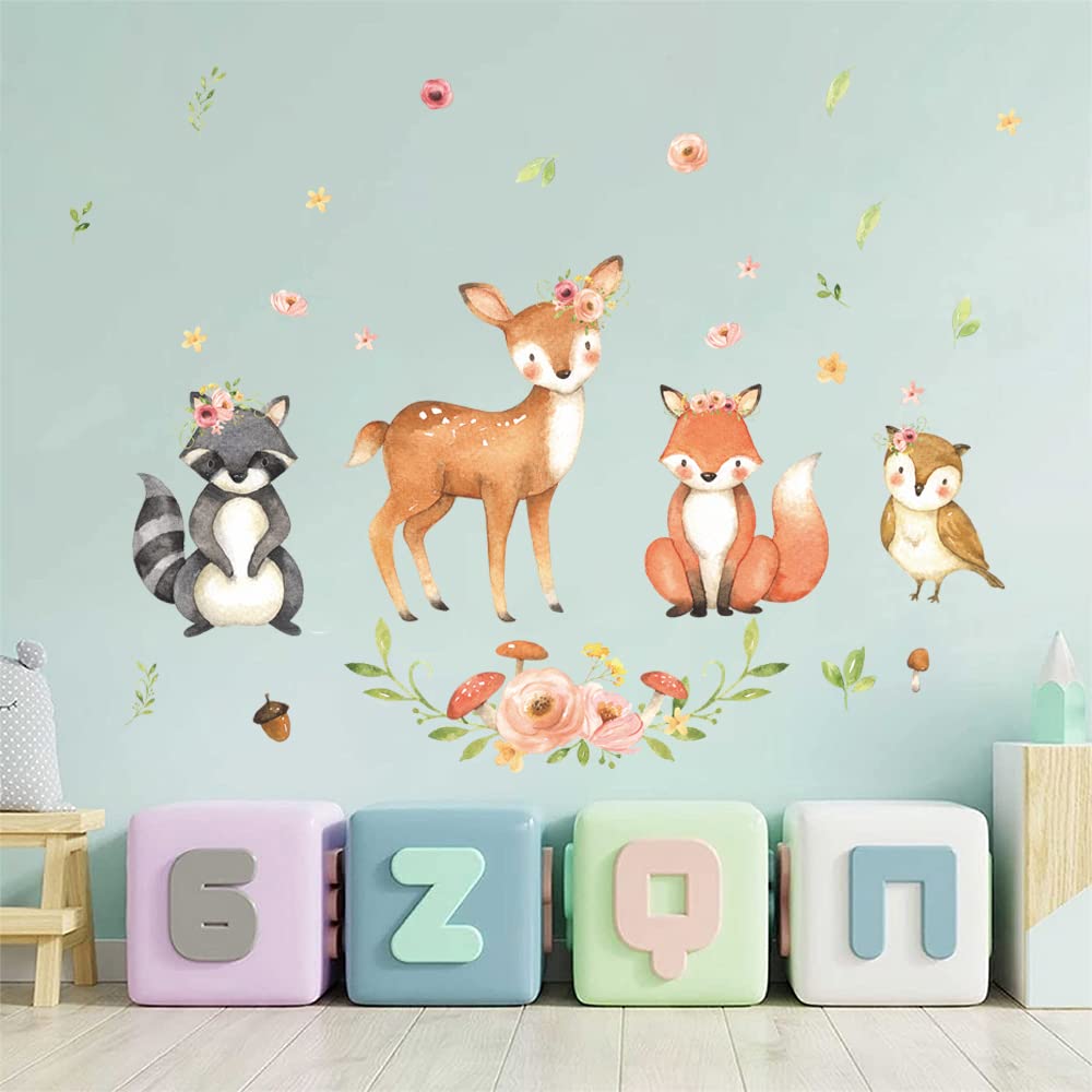 Supzone Woodland Animal Wall Decals Cartoon Animal Wall Stickers Cute Raccoon Deer Fox Owl Forest Animal Wall Decal For Kids Bab