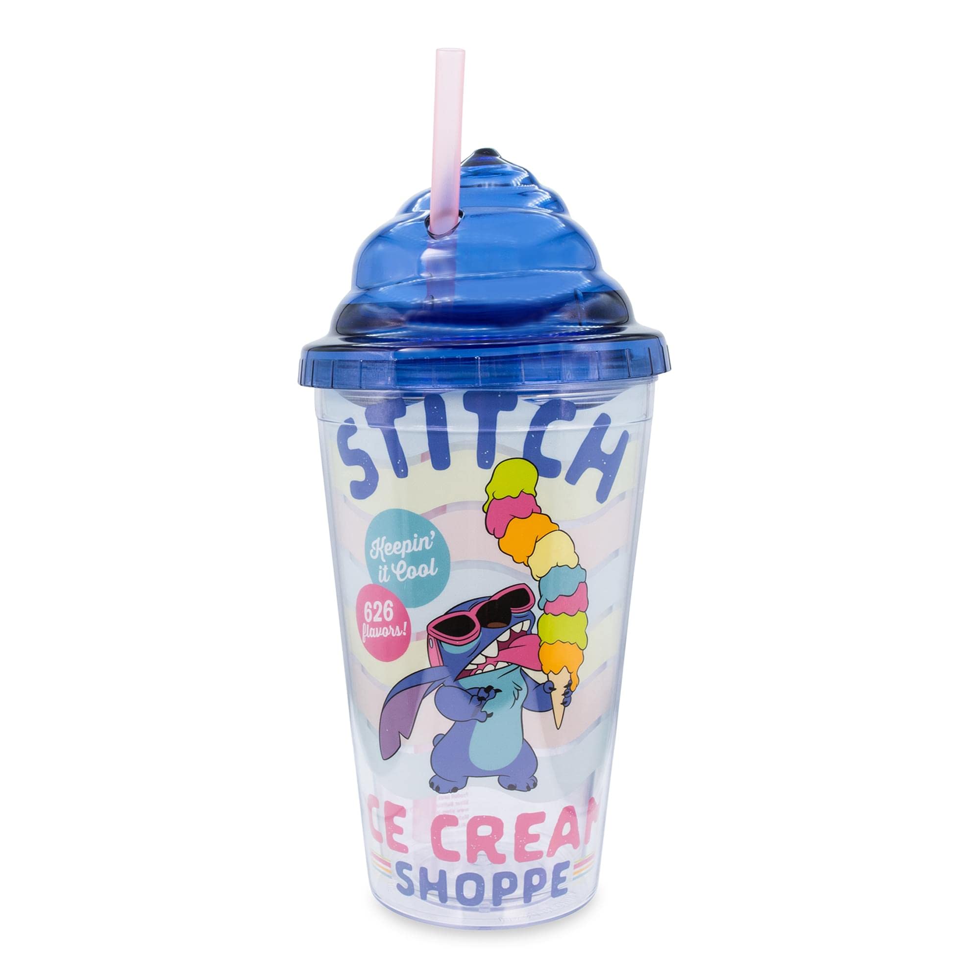 Disney Lilo & Stitch Ice Cream Shoppe 16-Ounce Carnival Cup With Reusable Straw and Leakproof Lid | Plastic Cold Cup For Boba Mi