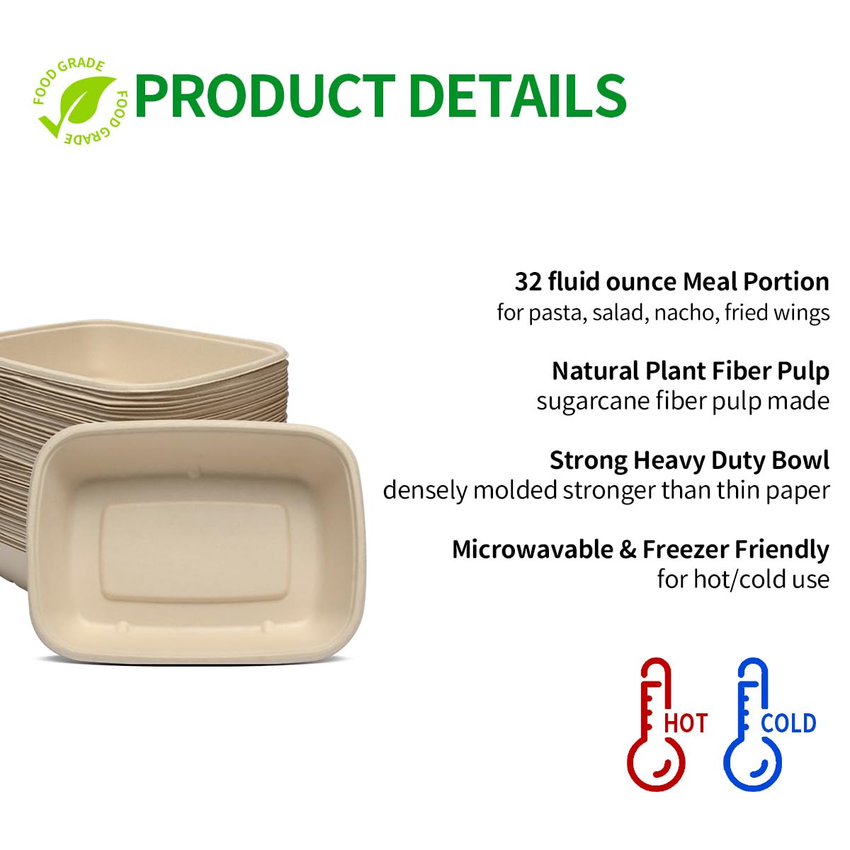 Bloomoon 100 Pack 32 Oz Large Rectangle Paper Bowls For Taco Salad, Burrito, Nacho, Pasta, Baked Potatos, Compostable 32Oz Dispo