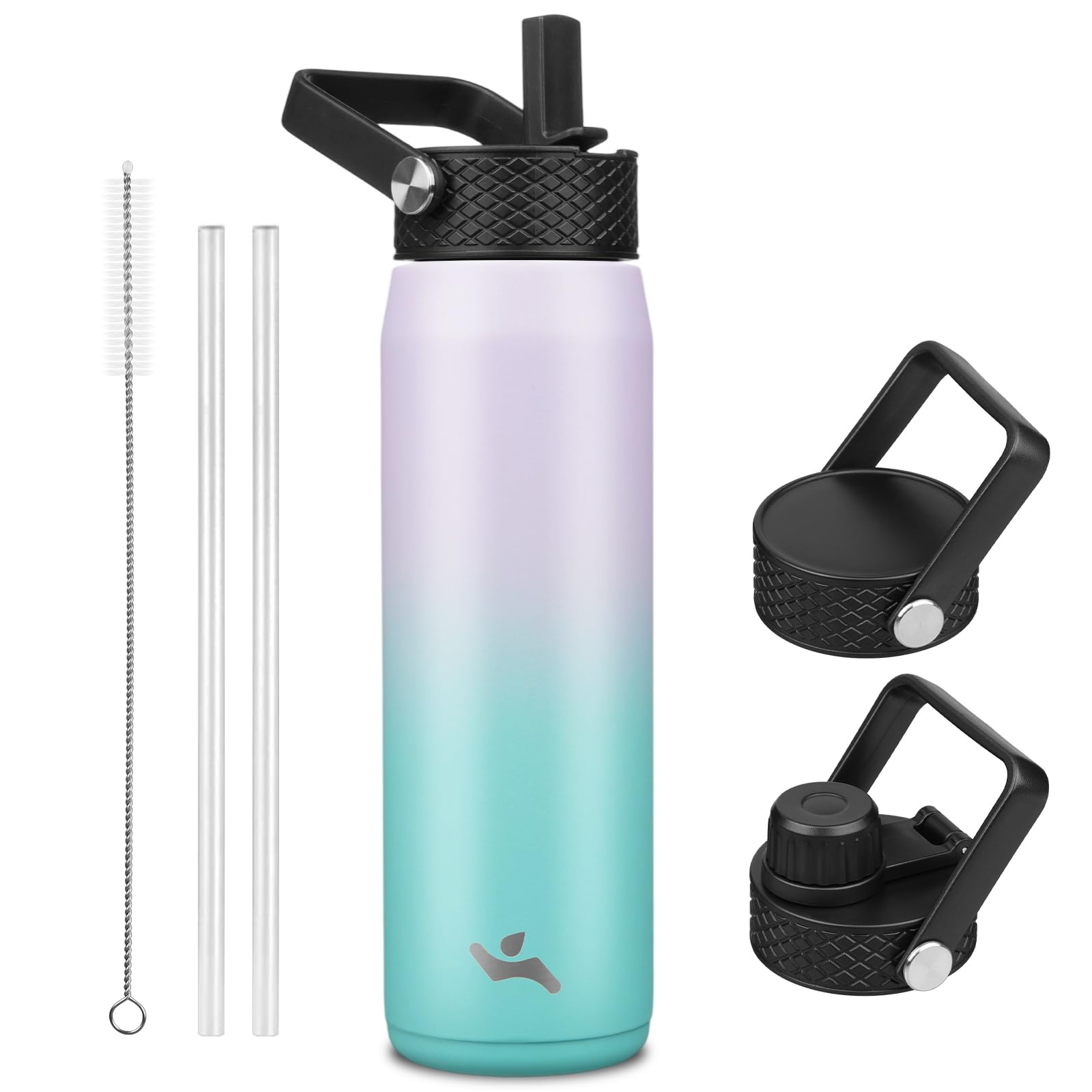 25oz Insulated Stainless Steel Water Bottle with 3 Lids, Leakproof BPA-Free Bottle with Straw Lid, Sip Lid and Flex Cap for Gym,