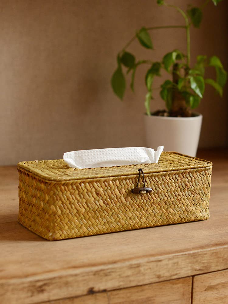 Seagrass Tissue Box Cover Rectangular Woven Napkin Holder Decorative For Bathroom Farmhouse (Natural, 10 X 5.5 X 4.2 Inch)