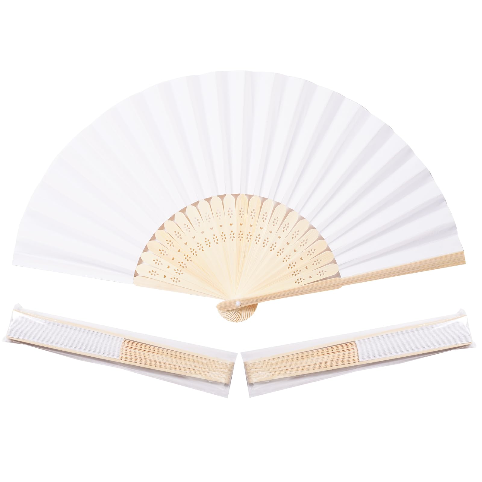 Sepwedd 50pcs White Paper Hand Fan White Bamboo Folding, Handheld Fans Paper Folded Fan for Wedding Party and Home Decoration