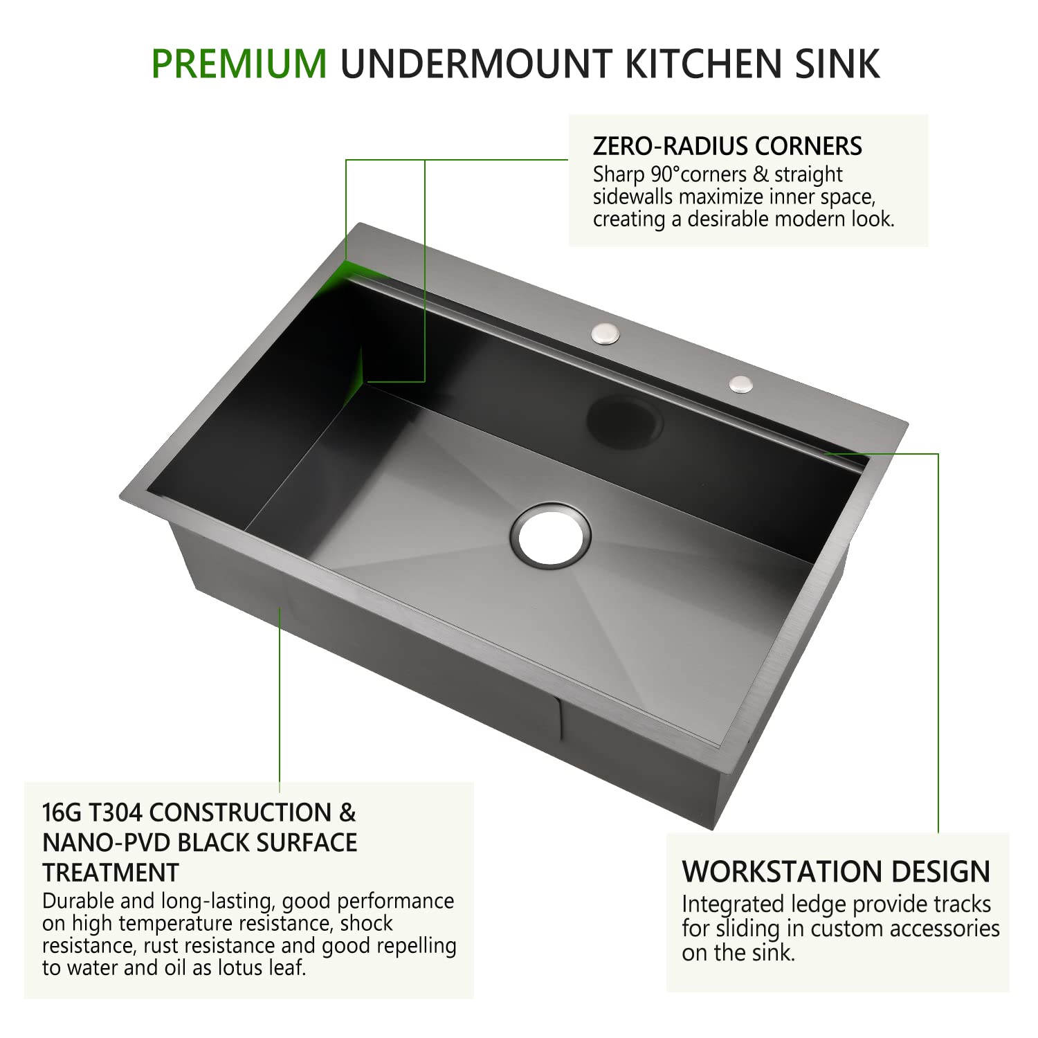 33 Black Stainless Steel Drop In Kitchen Sink, 33X22 Inch 16Gauge Drop In Black Stainless Steel Kitchen Sinks, Topmount Single B