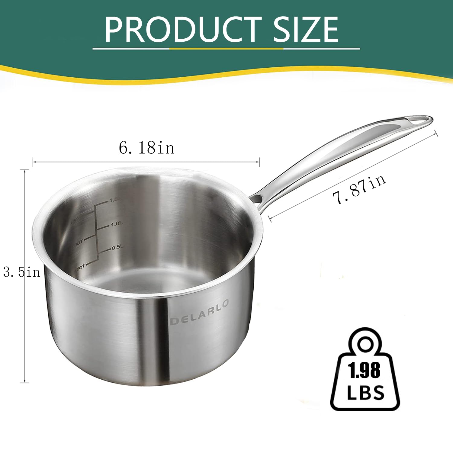 Delarlo Tri-Ply Stainless Steel 1 Quart Saucepan With Lid, Compatible With All Stove 600?, Small Pots For Cooking, Fast Even Hea
