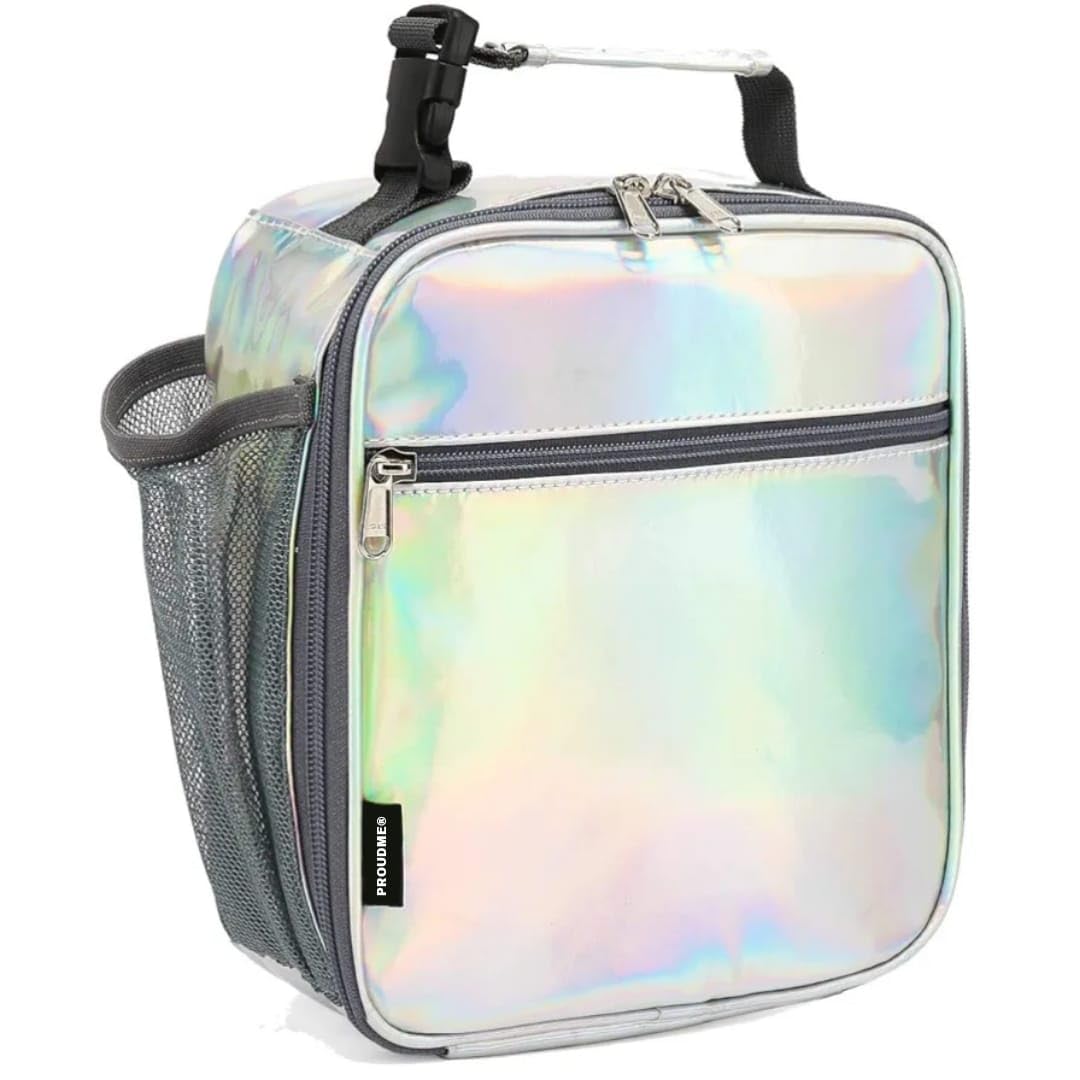 Proudme Holographic Insulated Lunch Bag For Unisex, Girls & Kids Stylish Leak Resistance Tiffin Bag With Handle & Bottle Holder 