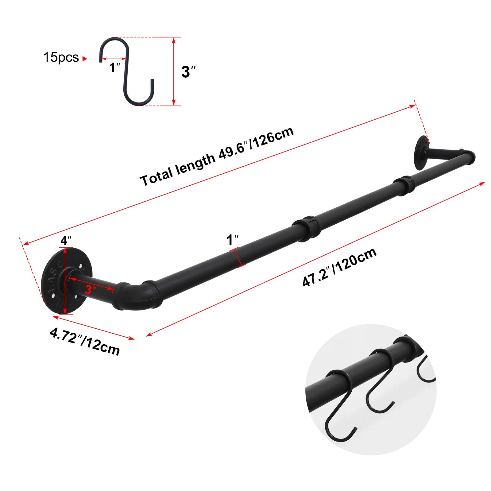 Tlbtek 50 Inch Black Pipe Pot Bar Rack Wall Mounted Detachable Pans Hanging Rail Kitchen Lids Utensils Hanger Holders With 15 S