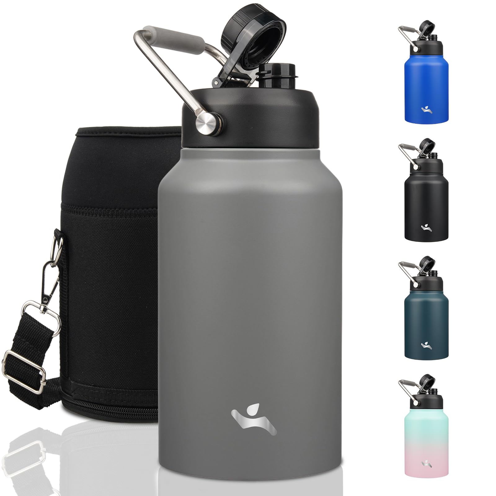 Konokyo Jug with Handle,87 oz Insulated Water Bottle with Carrying Pouch, Double Wall Vacuum Stainless Steel Metal Bottle,Gray