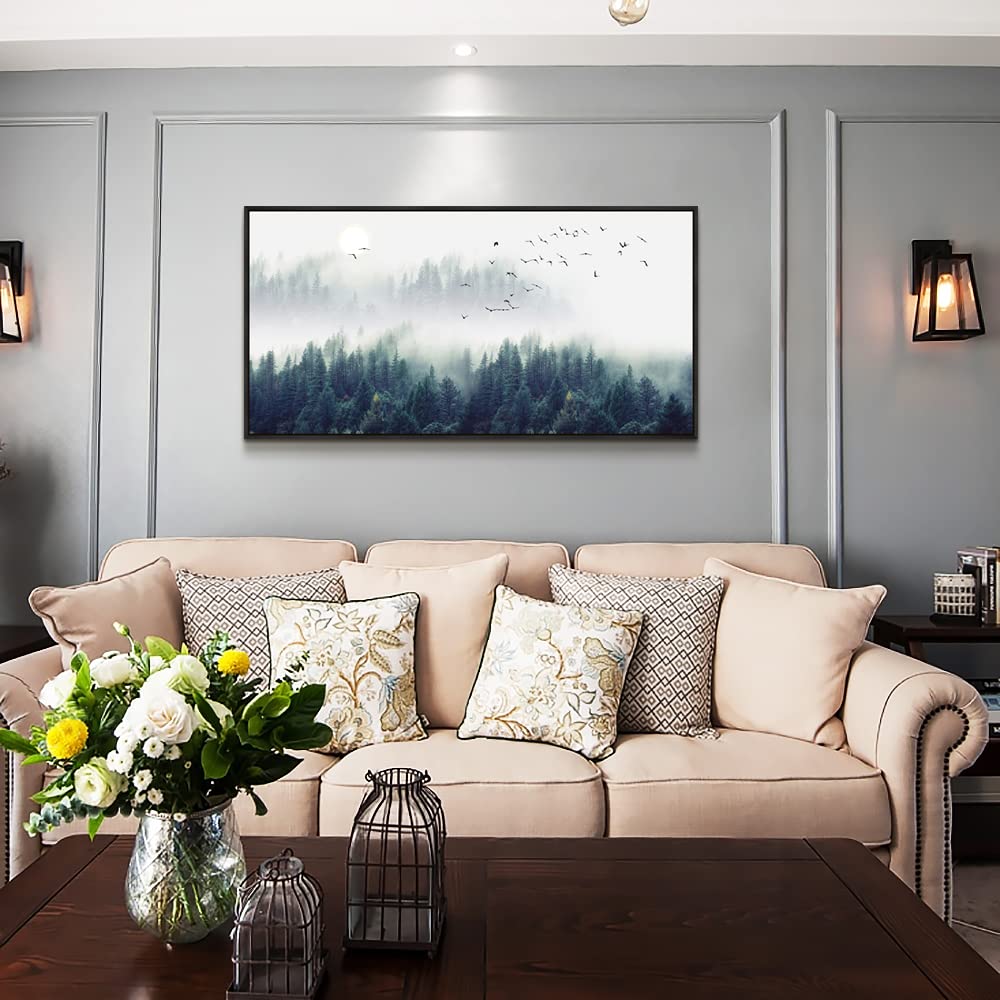 Framed Canvas Wall Art For Living Room Large Size Wall Decor For Bedroom Foggy Forest Trees Landscape Painting Office Wall Decorations Modern Home Decor Canvas Pictures Artwork Black Framed 20'' X 40''