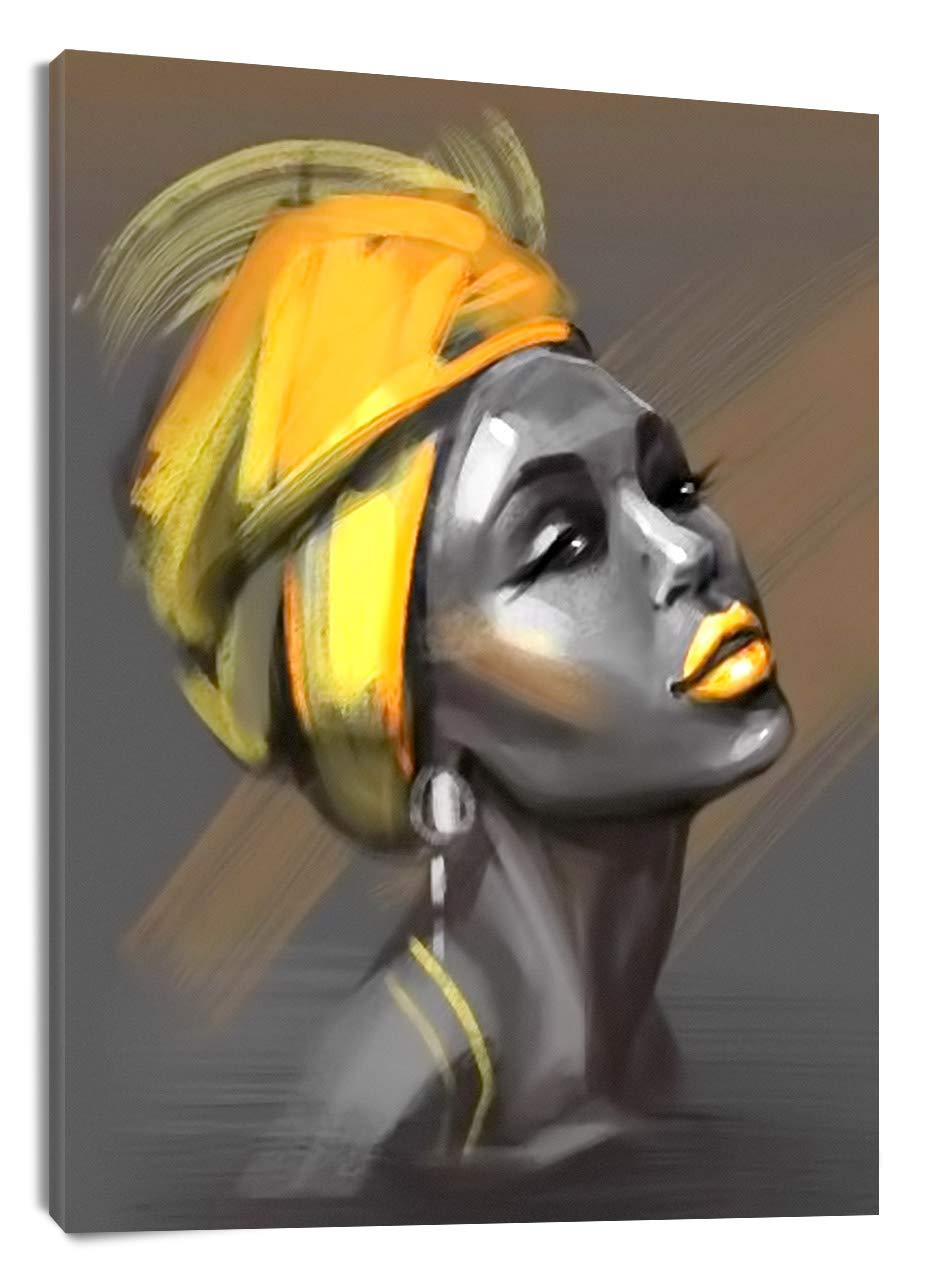 LB Framed African American Women Canvas Wall Art Black Woman Yellow Hair Beauty Abstract Painting Canvas Prints Living Room Bedroom Bathroom Home Decoration Ready to Hang 12x16 inch