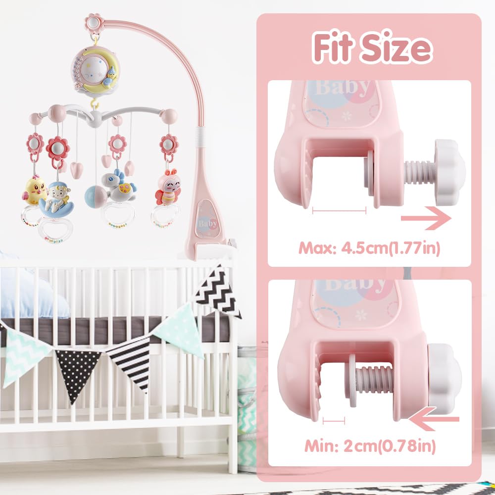 Baby Musical crib Mobile with Timing Function Projector and Lights Hanging Rotating Rattles and Remote control Music Box with 150 Melodies Toy for Newborn 0-24 Months