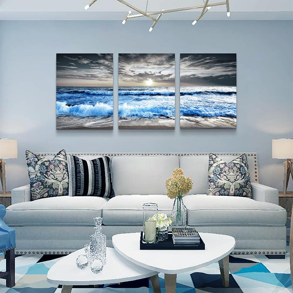 Mhartk66 Large Canvas Wall Art For Living Room Wall Decorations For Bedroom Office Wall Decor Blue Ocean Wave Seascape Pictures