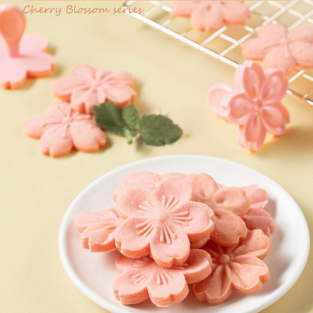 Goeielewe Pastry/Cookie/Fondant Stamper, 2-Inch Press Cookies Mold With 4 Stamps Pink Cherry Blossom Shape Flower Hand Pressure