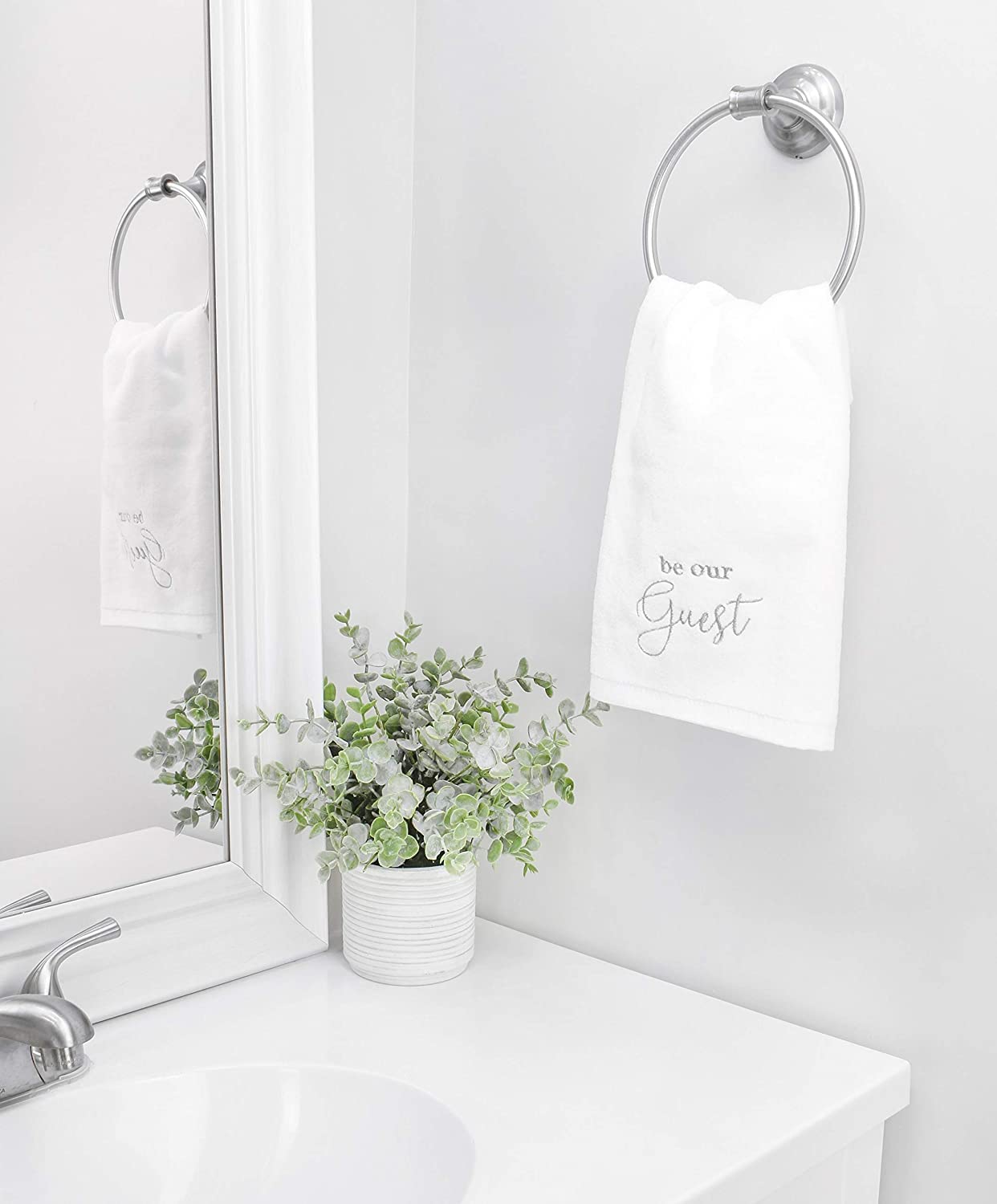 Auldhome Design Guest Towels (Set Of 2, White); Be Our Guest Monogrammed Hand Towels, White With Gray Script