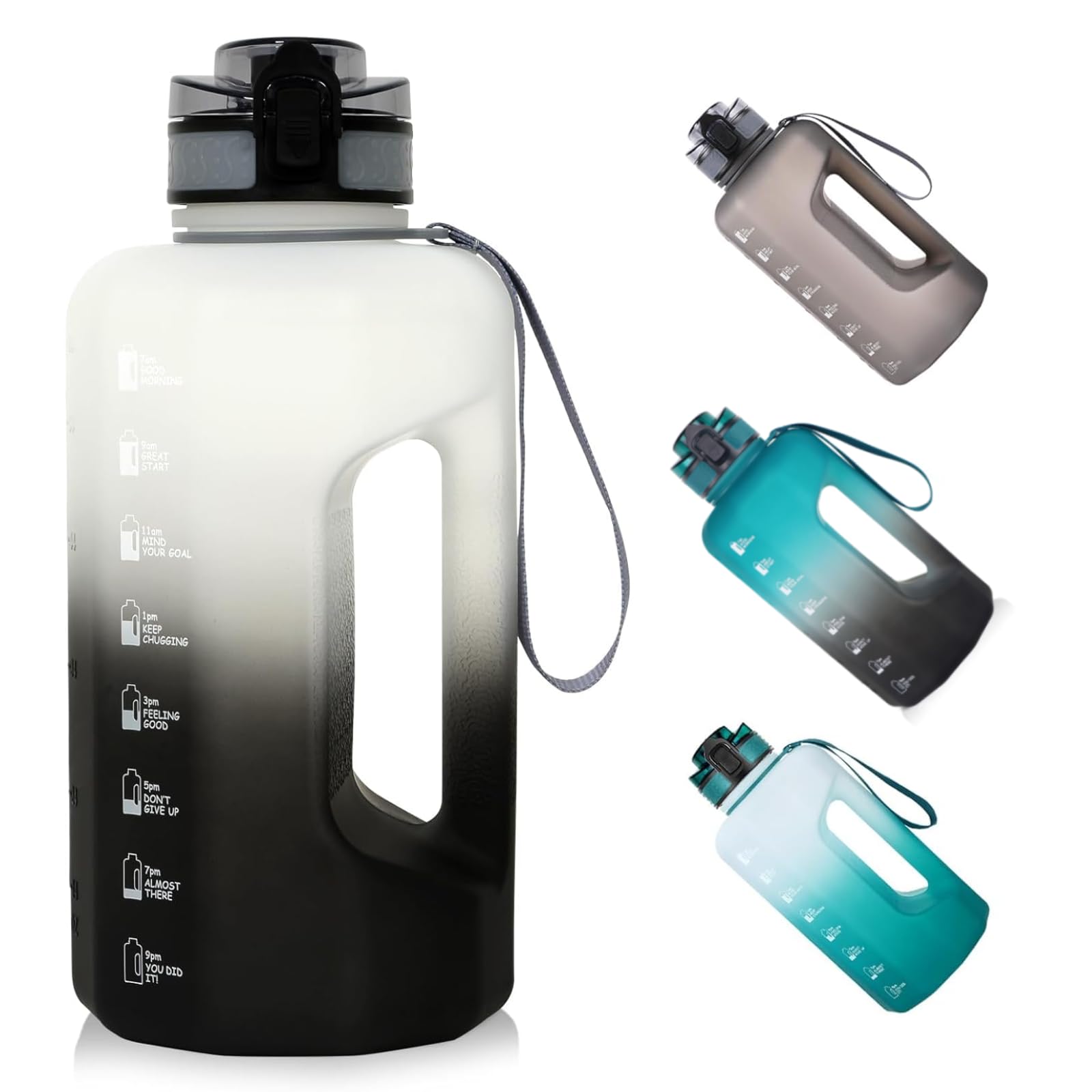 GEMFUL Half Gallon Water Bottle with Time Marker 74oz BPA-Free Leakproof Jug for Gym Workout 2.2L Large Capacity (White/Black no