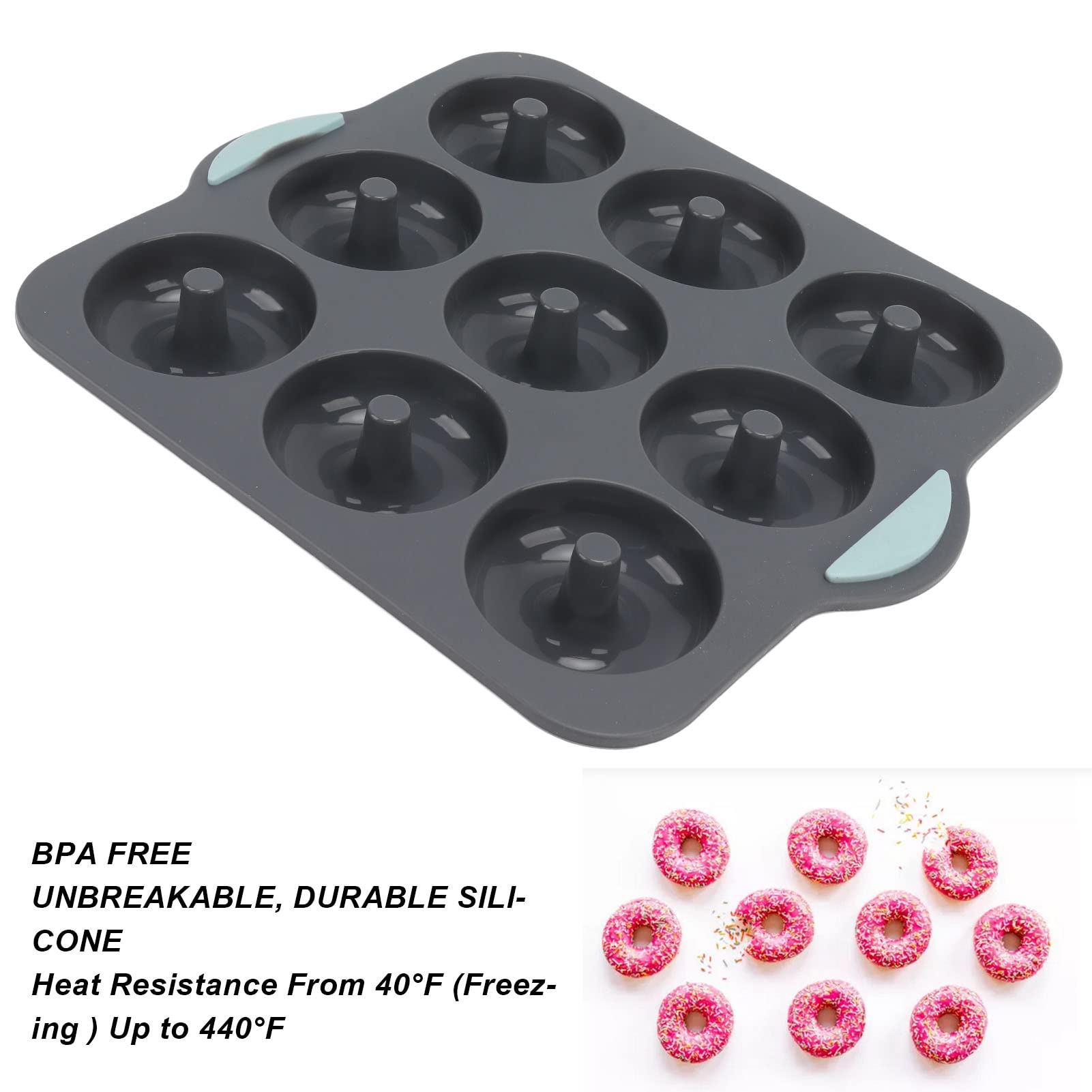 Silicone Donut 9 Cavity Non Stick Food Grade Heat Tolerance Doughnut Pan Set For Cake Biscuit Bagels Muffins Baking (Dark Gray)