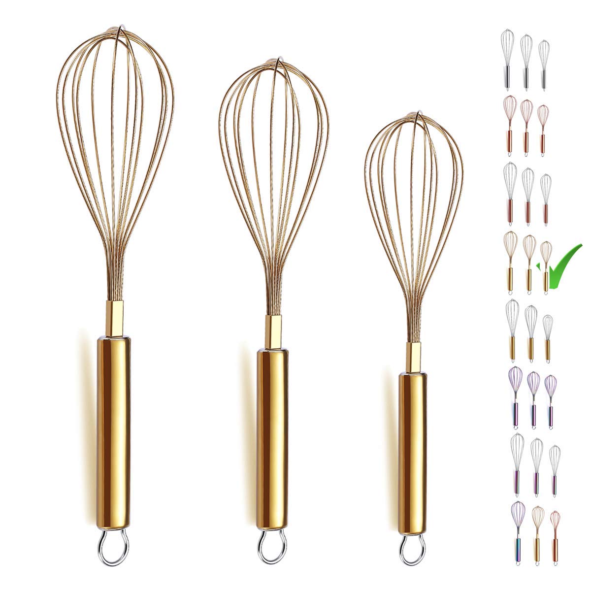 Berglander Gold Whisk Pack Of 3 Stainless Steel 8'',10'',12'', Titianium Plating Gold Whisks For Cooking, Beater,Wire Whisk Set