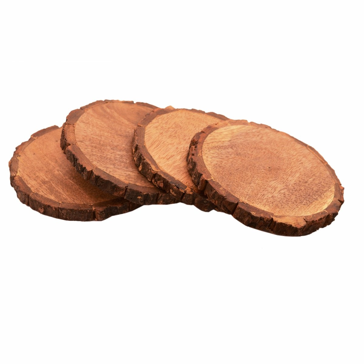 Purpledip Wooden Coasters (Set Of 4) In Natural Mango Tree Bark: Rustic Dining Table Barware Gift; 4.5 Inches Each (11141)