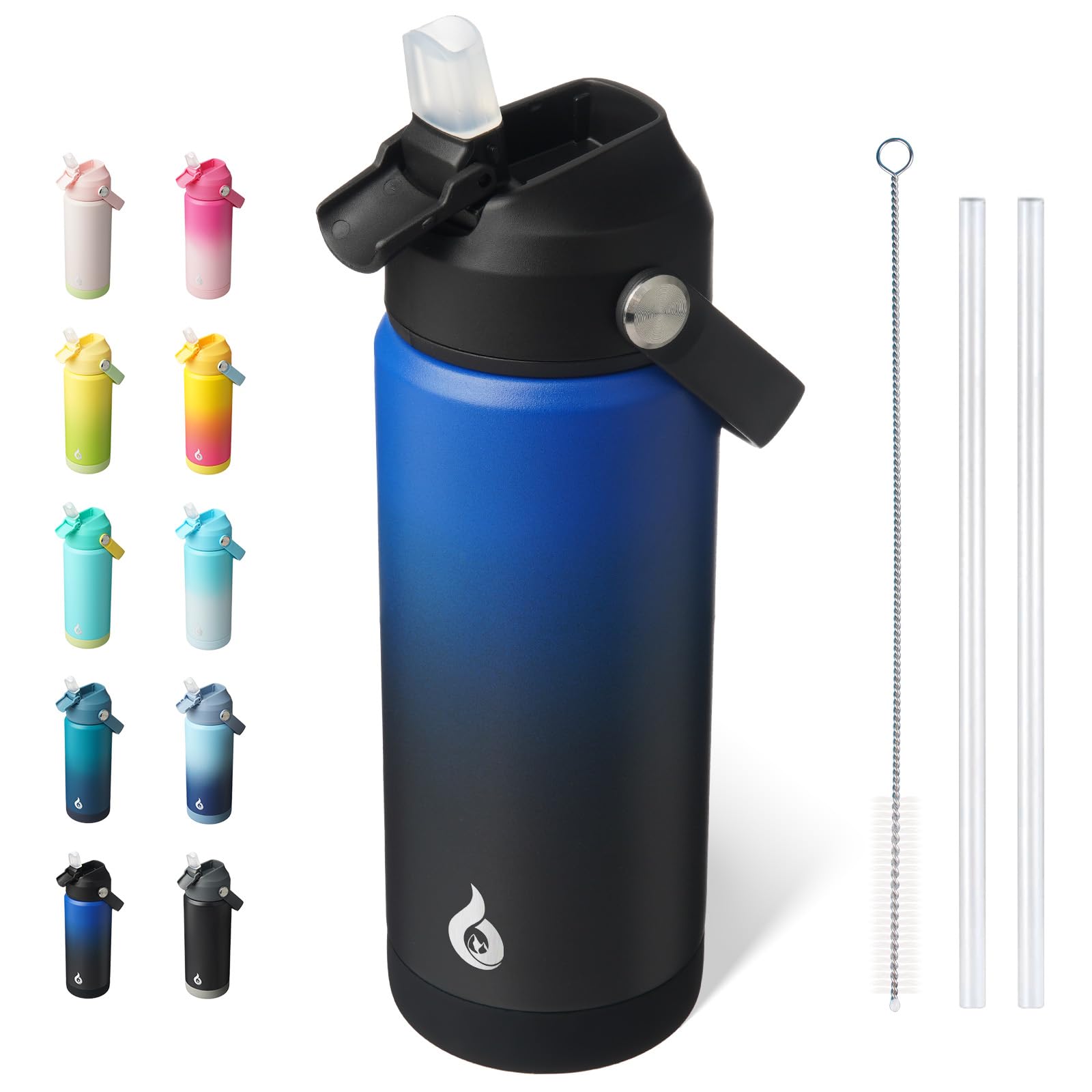 BJPKPK Insulated Water Bottle with Straw Lid, 18oz Thermo Water Bottles, Flex Handle & Non-slip Boot, BPA Free Leak Proof Stainl