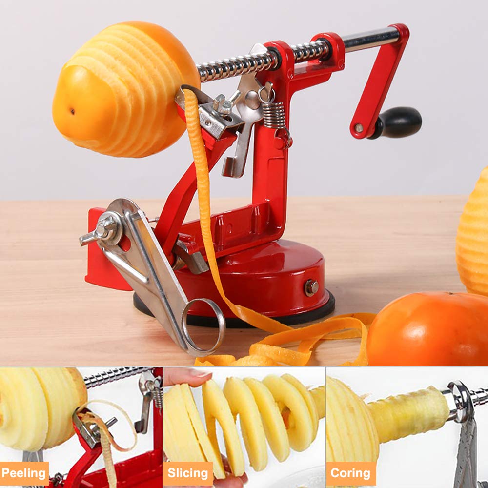 Apple Peeler  Stainless Steel Apple Corer Slicer Peeler  Durable Heavy Duty Die Cast Magnesium Alloy Apple Peeler Slicer Corer with Suction Base(vermilion)