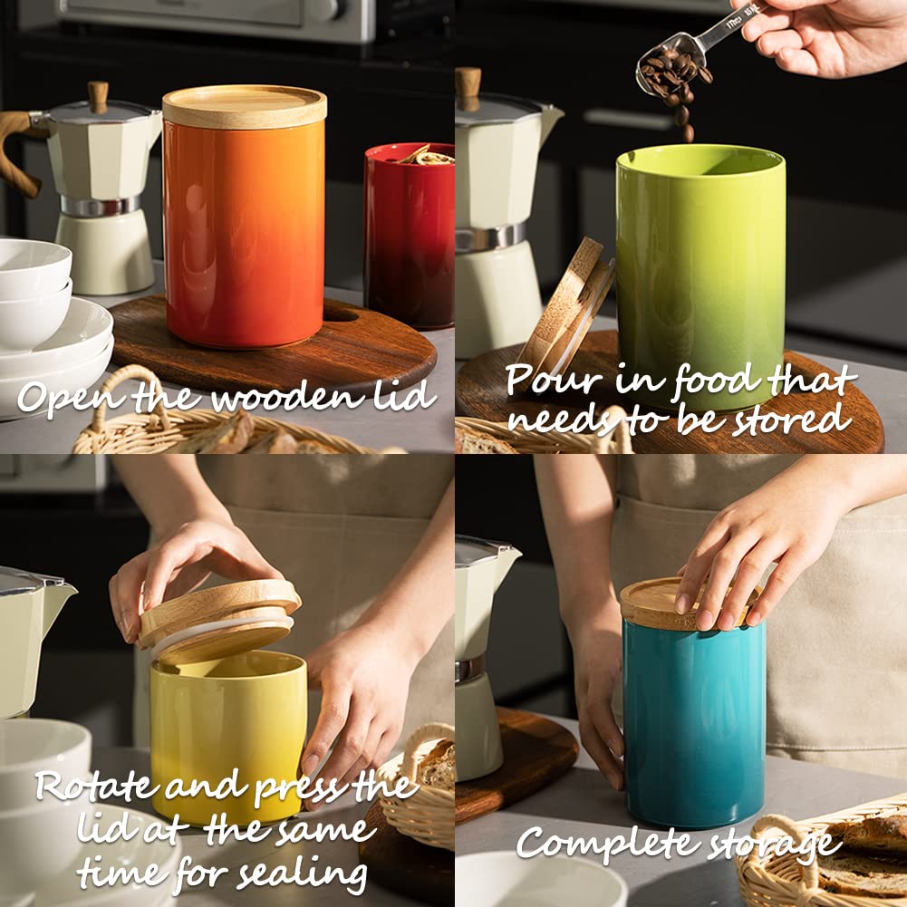 Sweejar Ceramic Food Storage Jar, Stackable Kitchen Canisters, Containers With Airtight Seal Wooden Lid For Serving Ground Coffe