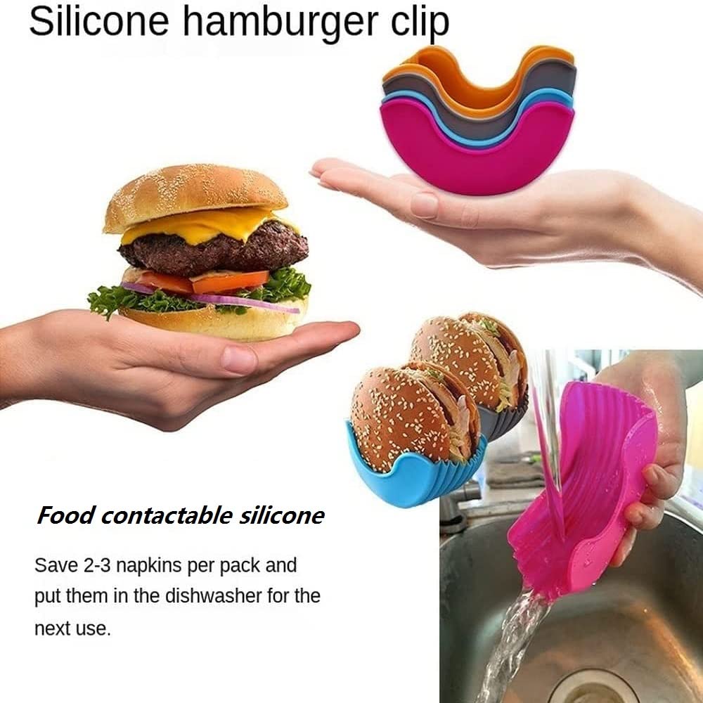 Yfeiqi Contact-Free Burger Holder Clip, Retractable-Reusable-Washable Food Grade Silicone Hamburger/Sandwich Clip, Burger Holder
