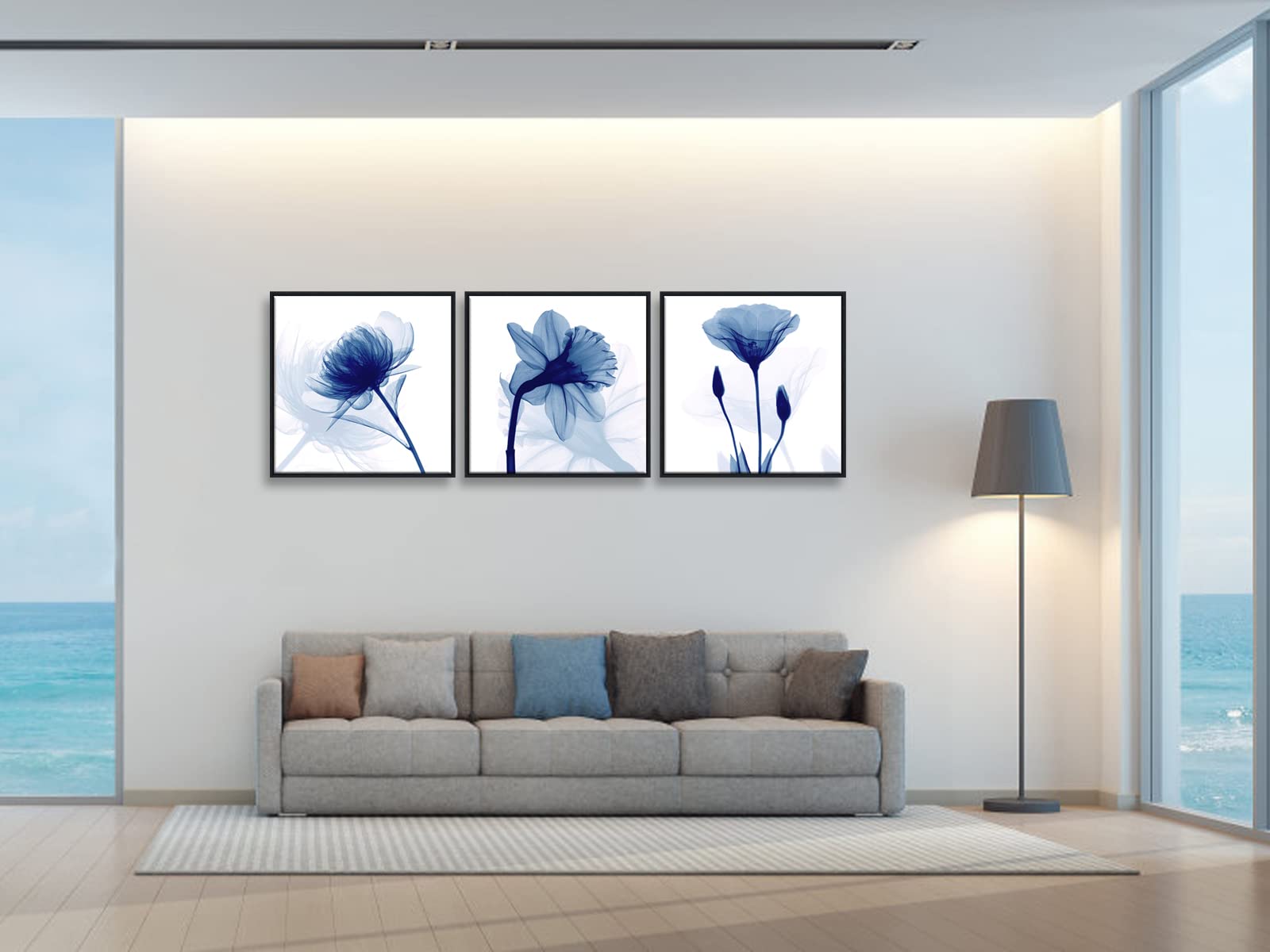 Wieco Art Framed Wall Art Blue Abstract Flowers 3 Panels Canvas Prints Home Art Modern Artwork Wall Pictures For Living Room Bed
