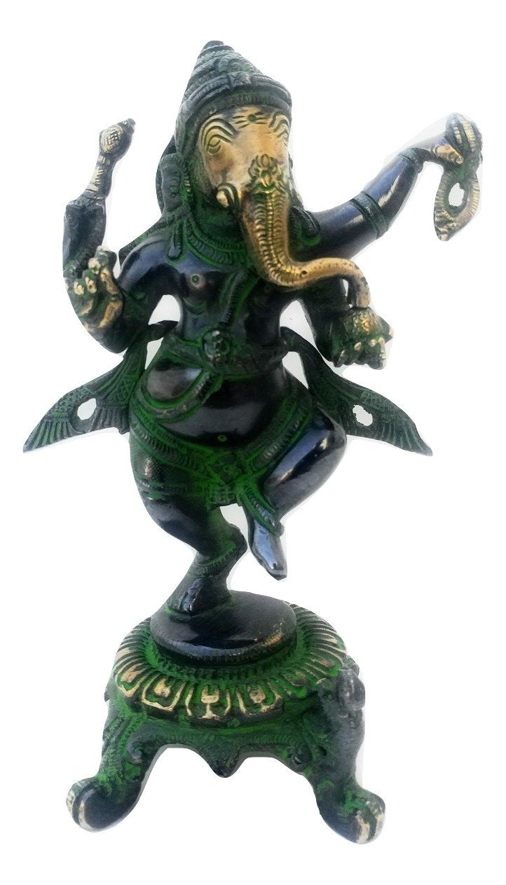 Mohanjodero Elegant Brass Antique Finished Dancing Ganesh Ganesha Ganpati Golden Finish Dancing Ganesha Statue