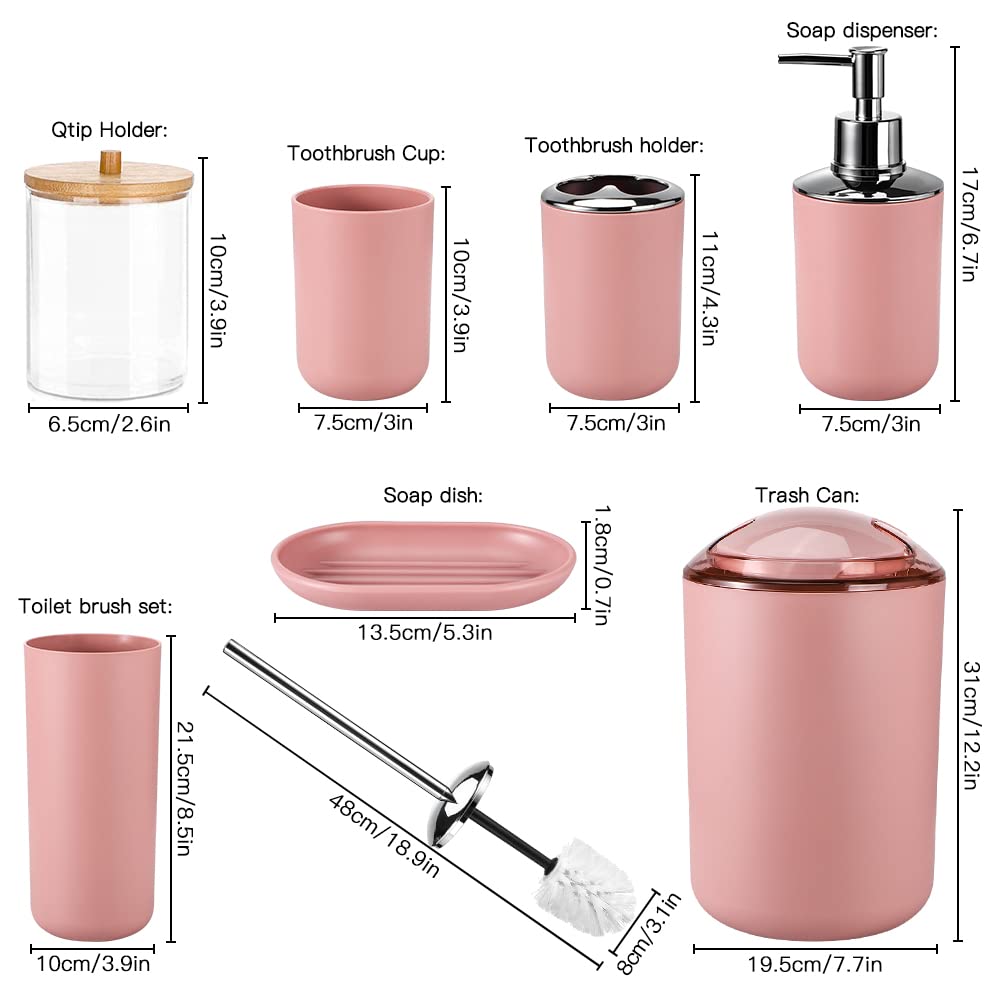 Otostar Plastic Bathroom Accessories Set Decor Countertop Gift Set Bathroom Accessory Set Includes Toothbrush Holder Soap Dispenser Tumbler Soap Dish Toilet Brush Holder Trash Can Qtip Holder (Pink)