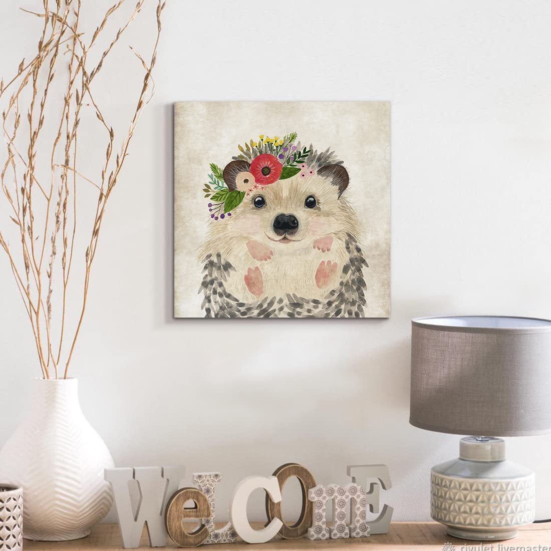 Oridomy Cute Hedgehog Print Wall Art Retro Animal Portrait Poster Funny Raccoon With Garland Picture Painting Safari Animal Art