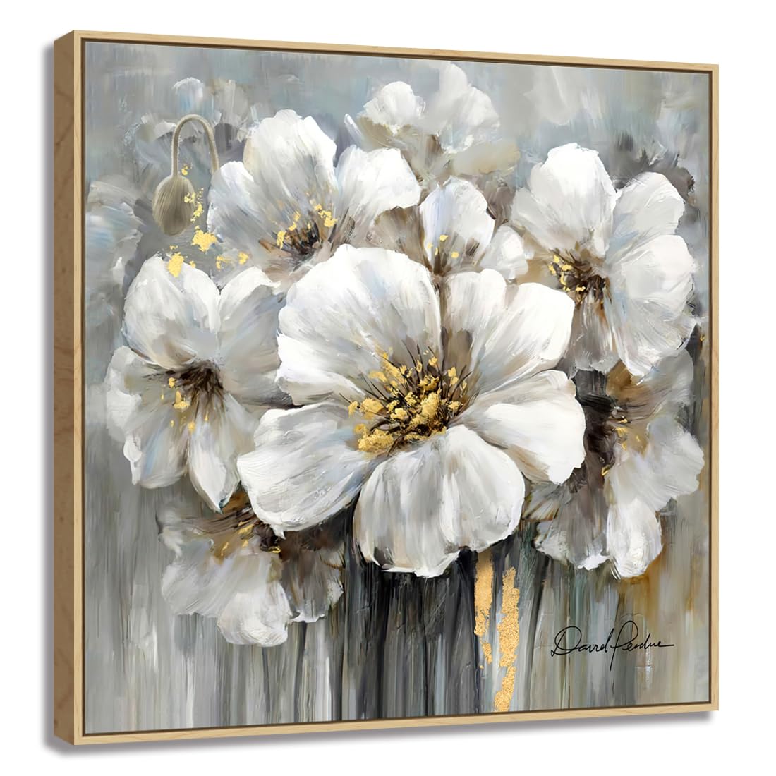 Living Room Flowers Wall Art White And Gray Floral Pictures With Gold On Canvas For Home Decor Framed 24X24, Solid Wood Frame