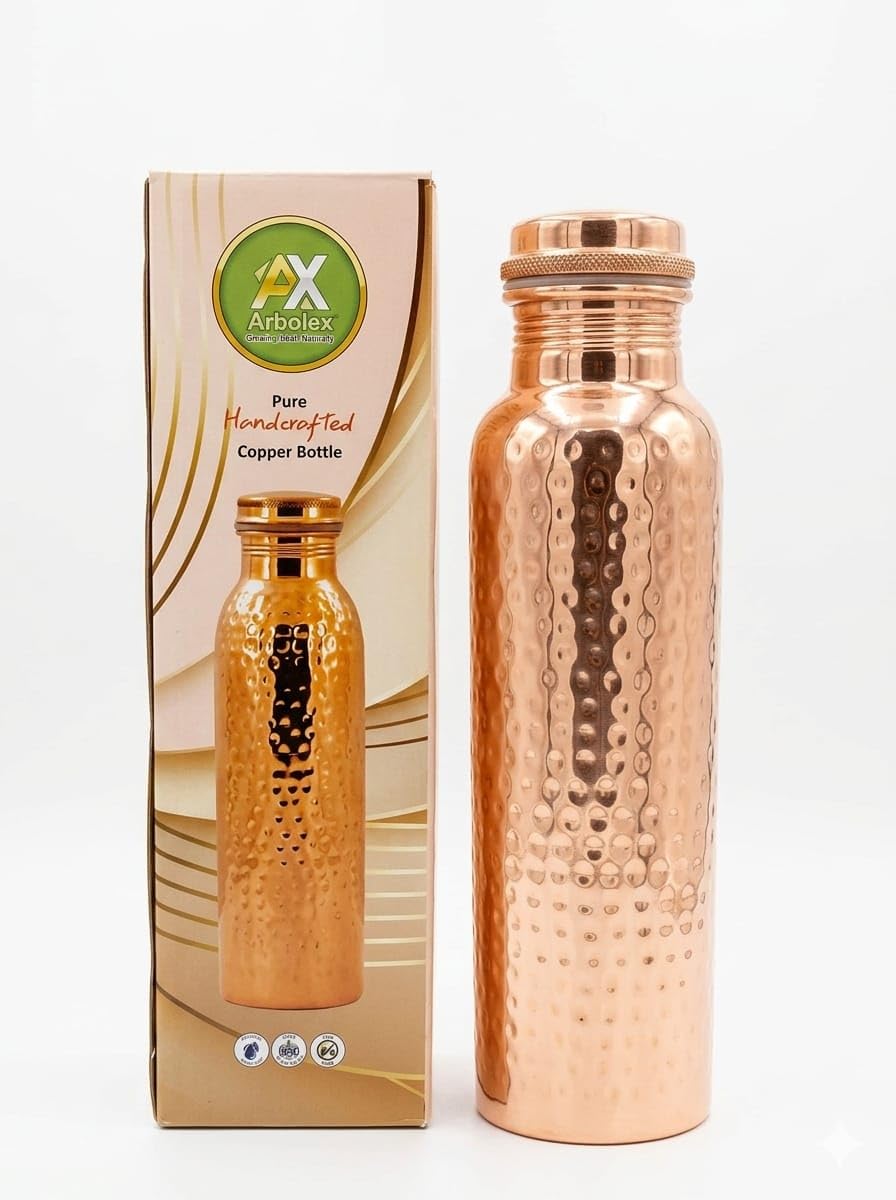 Arbolex Pure Copper Water Bottle, Hammered Finish, Alkaline Water Conversion, Aids Digestion, Ayurvedic Health Benefits (1, Lite