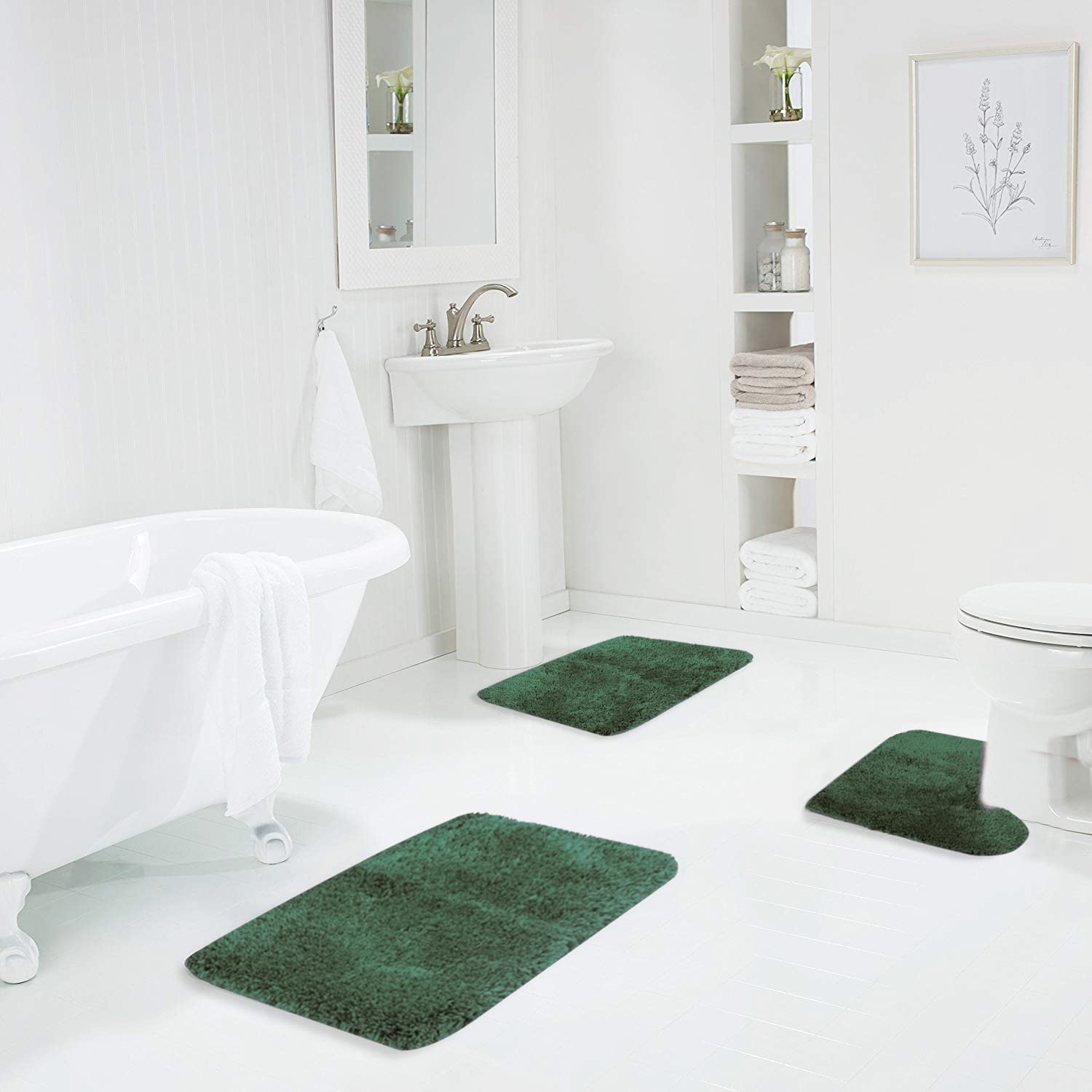 Walensee Bath Rug Set (Hunter Green), 20X32+20X24 Contour Rug, Shaggy 2Pc, Absorbent, Non-Slip, Machine Washable, Bathroom