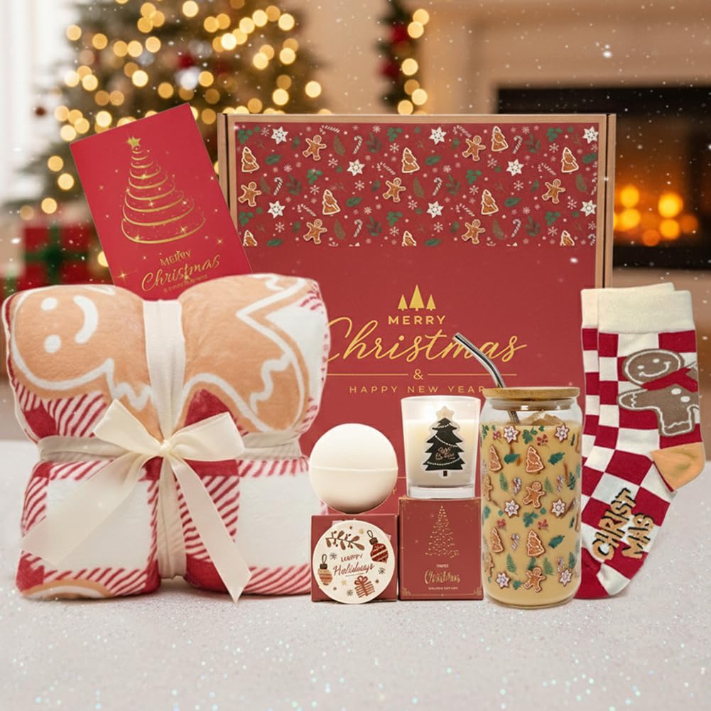 Cozy Christmas Gifts for Women - Unique Holiday Gift Basket with Soft Throw Blanket, Chic Glass Tumbler & Spa Set - Holiday Pres